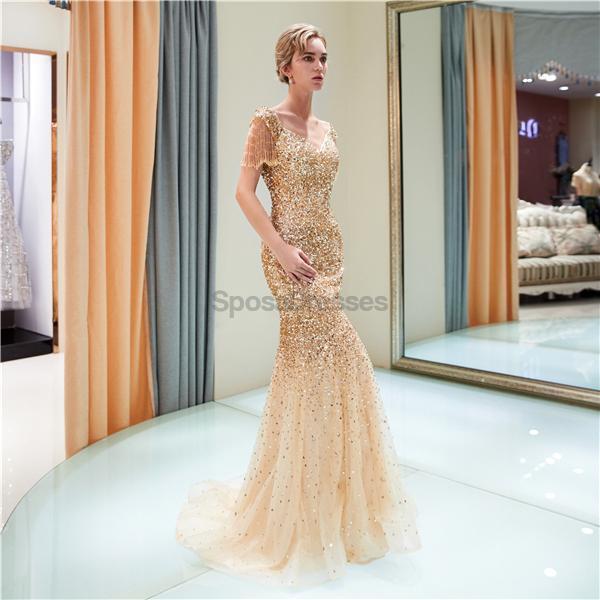 Elegant Off Shoulder Mermaid Gold Beaded Prom Dress for Evening Party & Special Occasions | Formal Gown for Homecoming, Wedding Guest, and Red Carpet Events