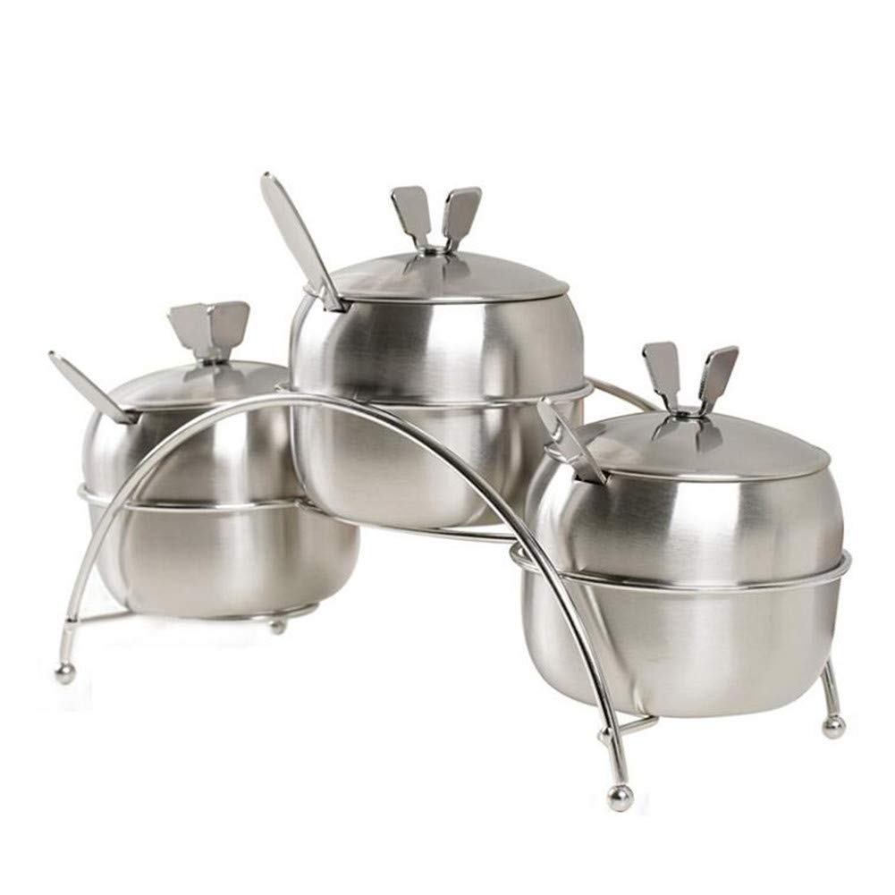 3Pcs Stainless Steel Spice Jars with Tray & Spoons - Airtight Kitchen Seasoning Storage Containers for Salt, Pepper, Cumin & Herbs | Perfect for Countertop Organization & Cooking Essentials