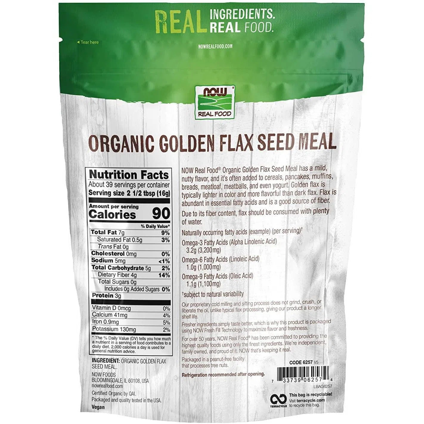 Organic Golden Flax Seed Meal by NOW Real Food - High Fiber Superfood for Baking, Smoothies & Healthy Recipes | Non-GMO, Gluten-Free, Vegan-Friendly