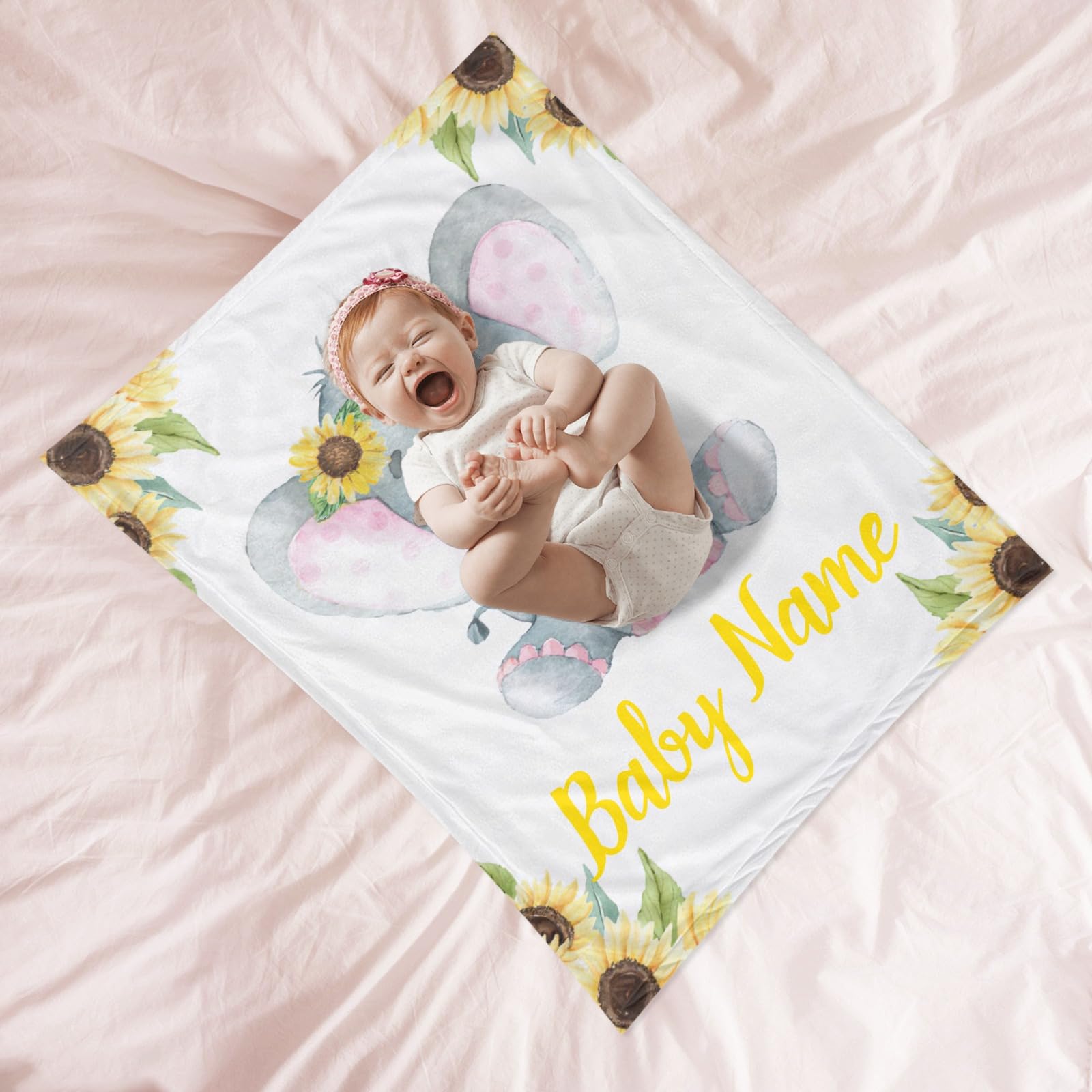 Personalized Baby Swaddle Blanket with Name - Custom Sunflower Elephant Design for Newborns - Soft Lightweight 30x40 Inch Baby Gift for Boys & Girls - Perfect for Nursery, Photo Shoots & New Mom Gifts