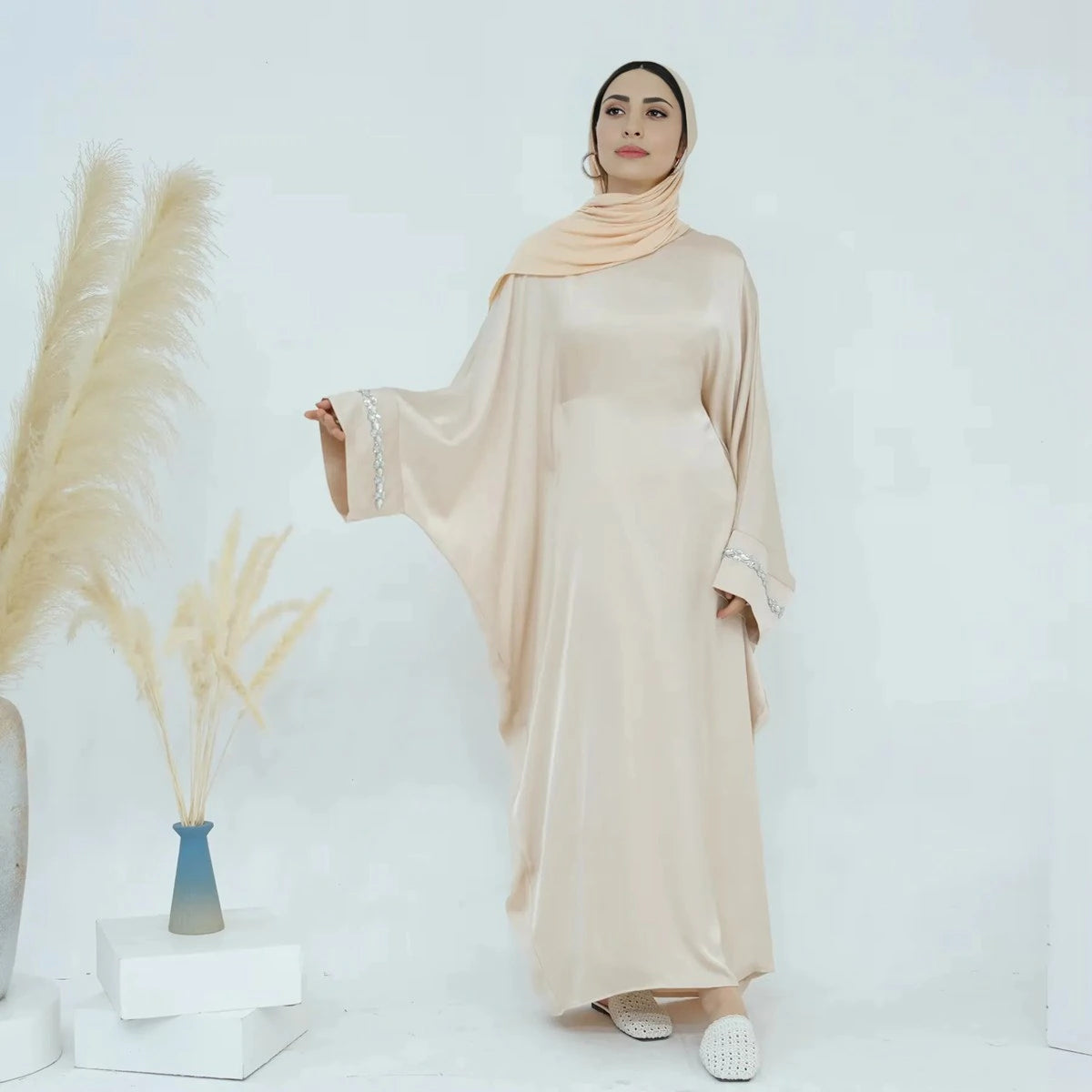 Hotfix Rhinestone Satin Abaya Dress #25814 - Elegant Islamic Evening Gown for Women, Perfect for Weddings, Parties & Special Occasions