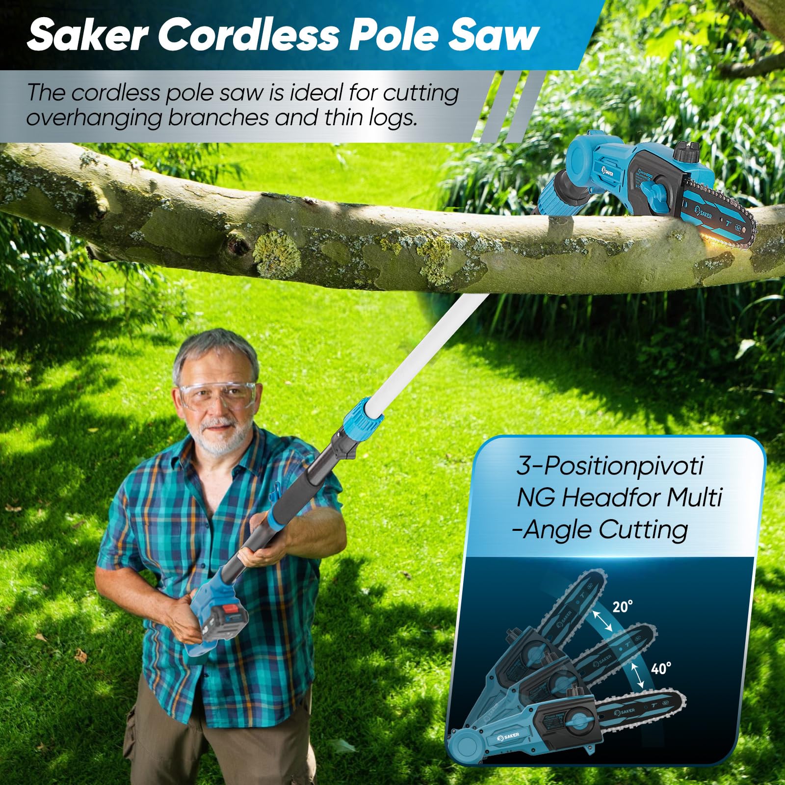 **Saker 22V Cordless Pole Saw - 66.9-98.4Inch Retractable Extension Pole, Battery Powered Chainsaw with 2.0Ah Battery & Charger for Tree Trimming, Pruning, and Landscaping - Perfect for Home Garden, Yard Maintenance, and DIY Projects**