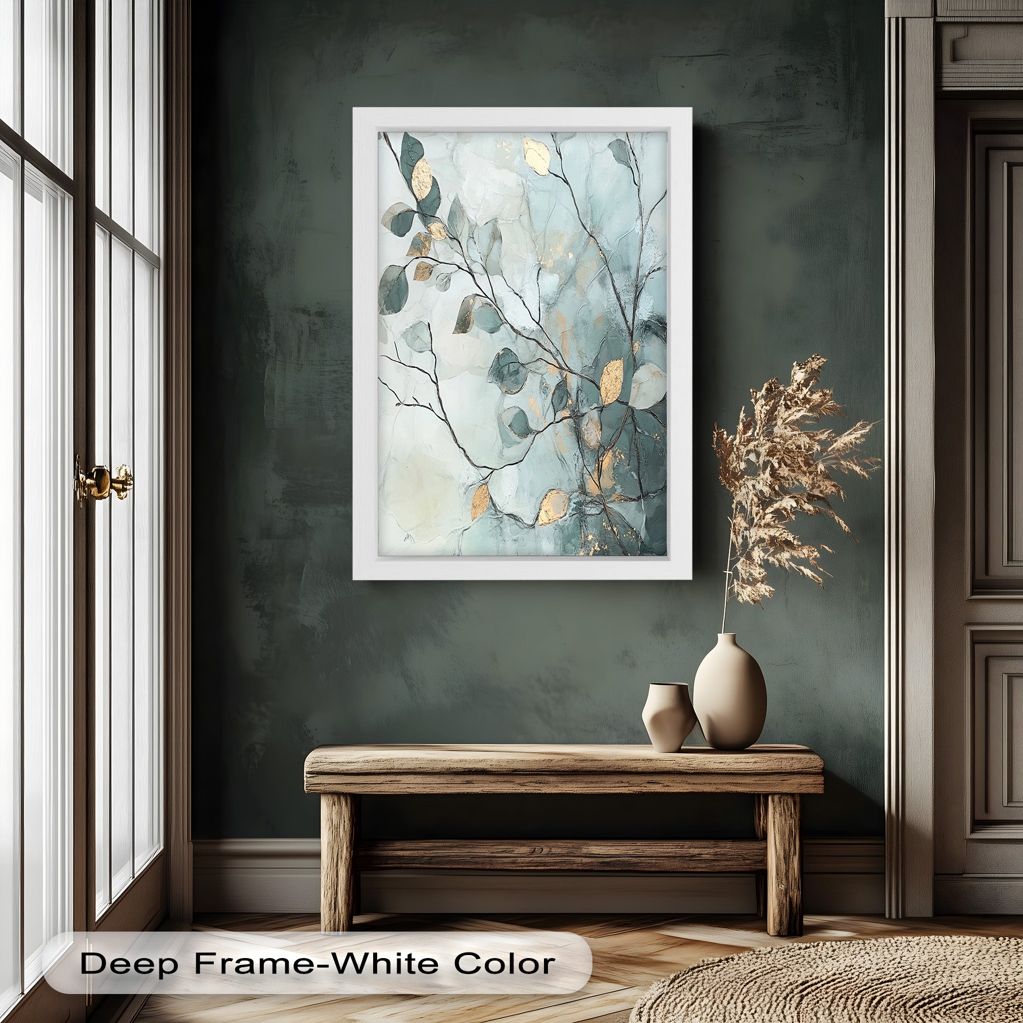 Blue and Metallic Leaf Branch Abstract Oil Painting - Handmade Canvas Wall Art for Living Room, Bedroom & Office Decor