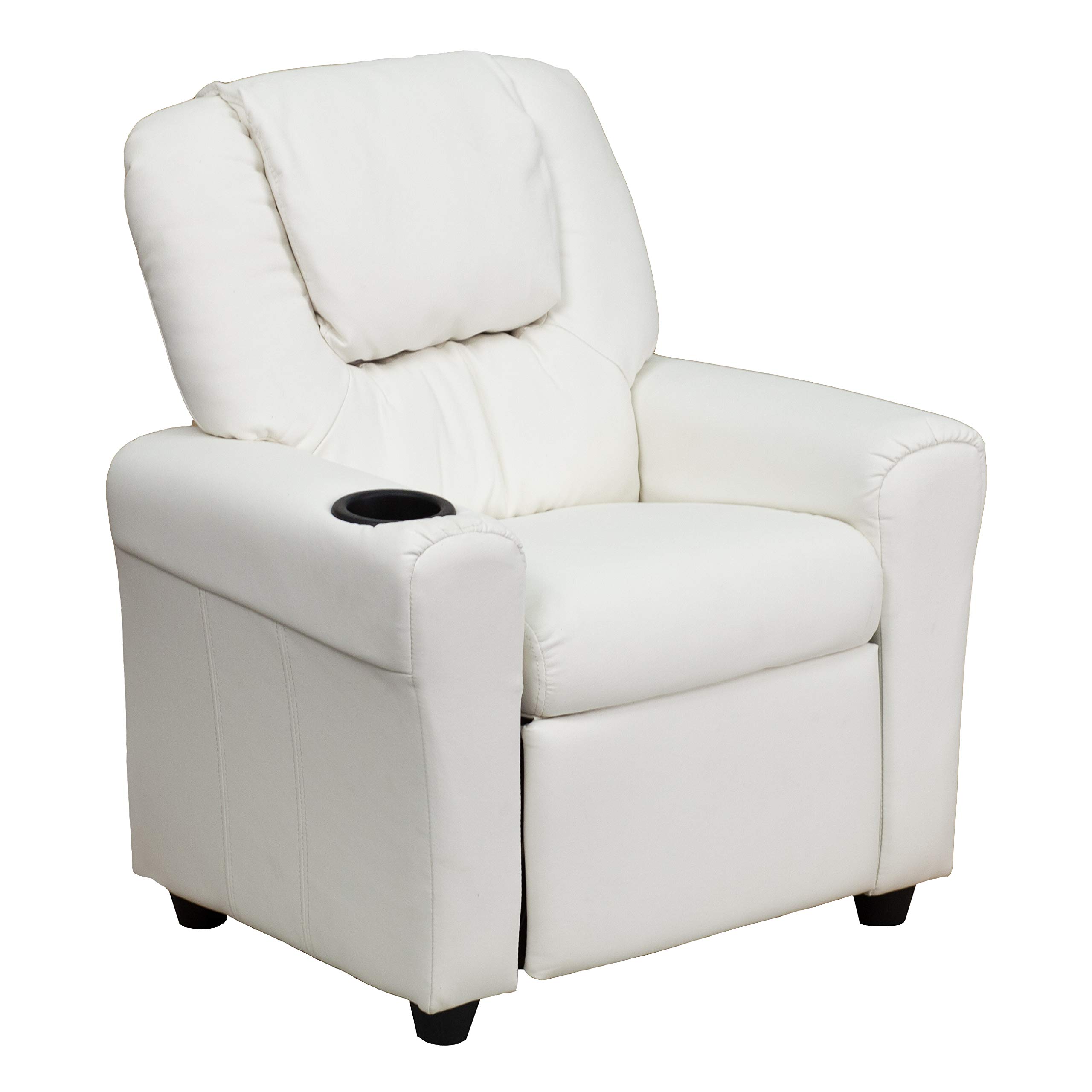 Comfortable White Vinyl Kids Recliner with Cup Holder & Headrest - Perfect for Playrooms, Bedrooms & Movie Nights