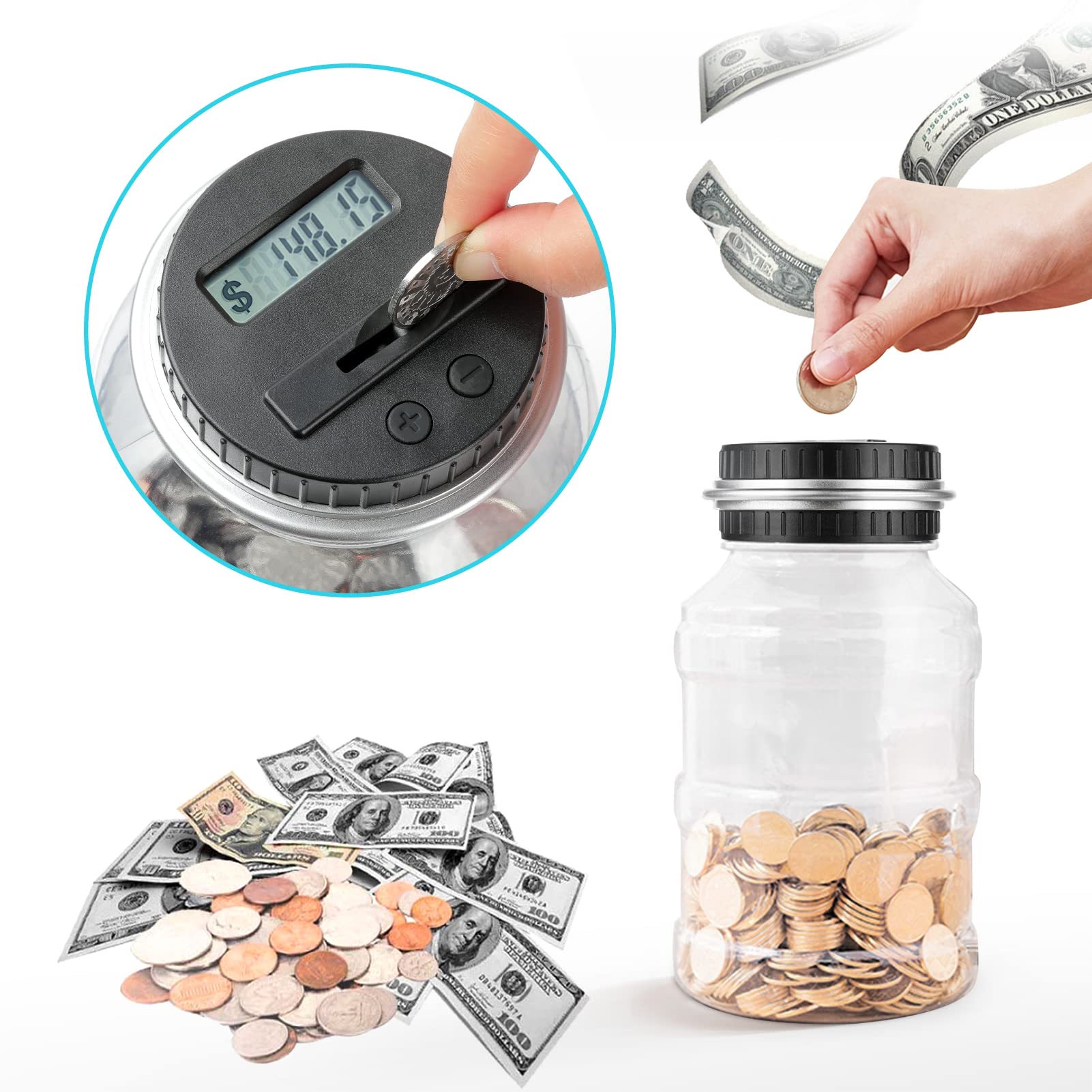 Vcertcpl Digital Coin Counting Piggy Bank with LCD Counter - 1.8L Large Capacity Money Jar for Boys & Adults - Compatible with All US Coins (Silver) - Perfect for Saving, Budgeting & Gift Giving