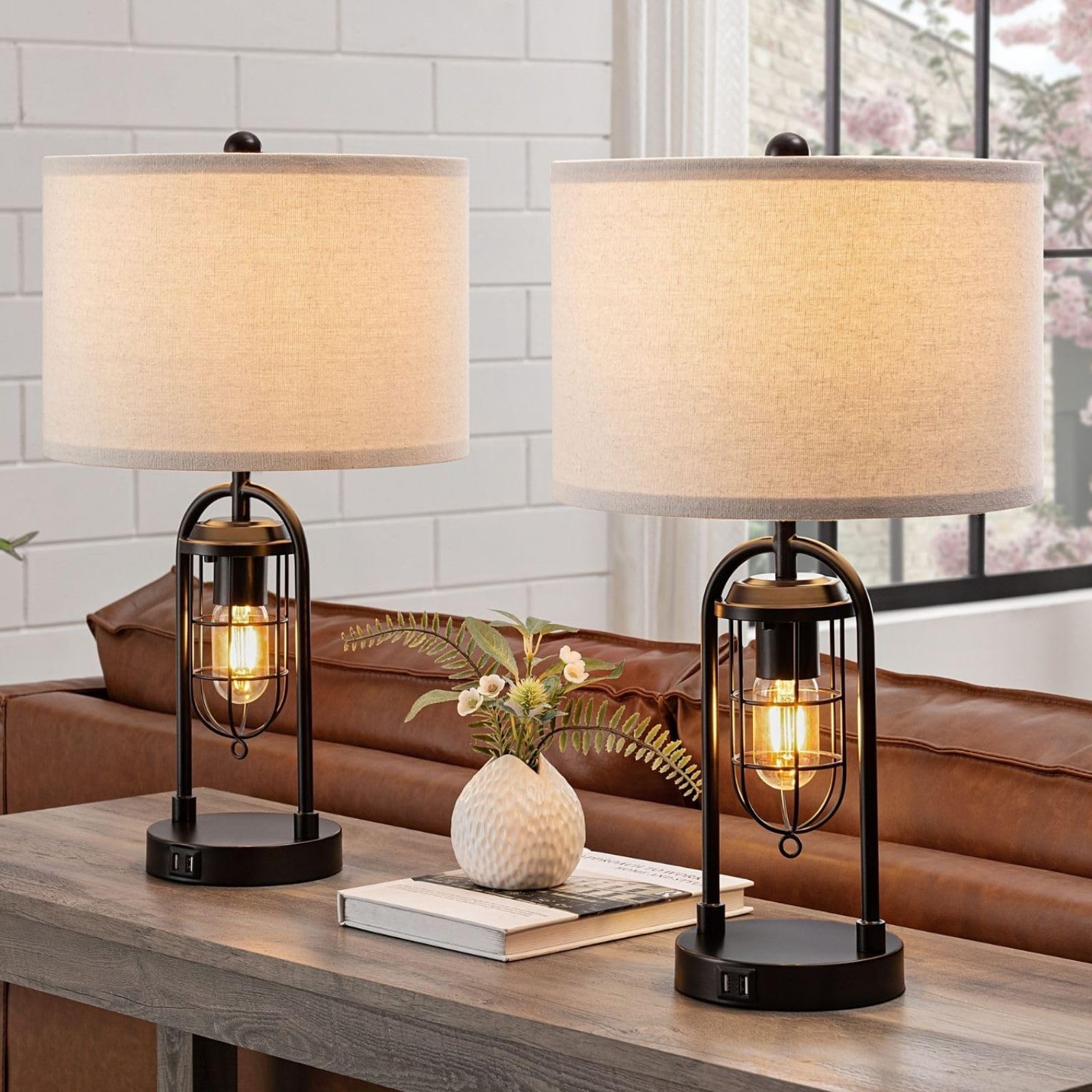 KAWOTI Set of 2 Modern Farmhouse Table Lamps with USB Ports & Night Light - Bedside Nightstand Lamps for Living Room, Bedroom, Office (Bulbs Included) - Perfect for Reading, Working & Creating Cozy Ambiance