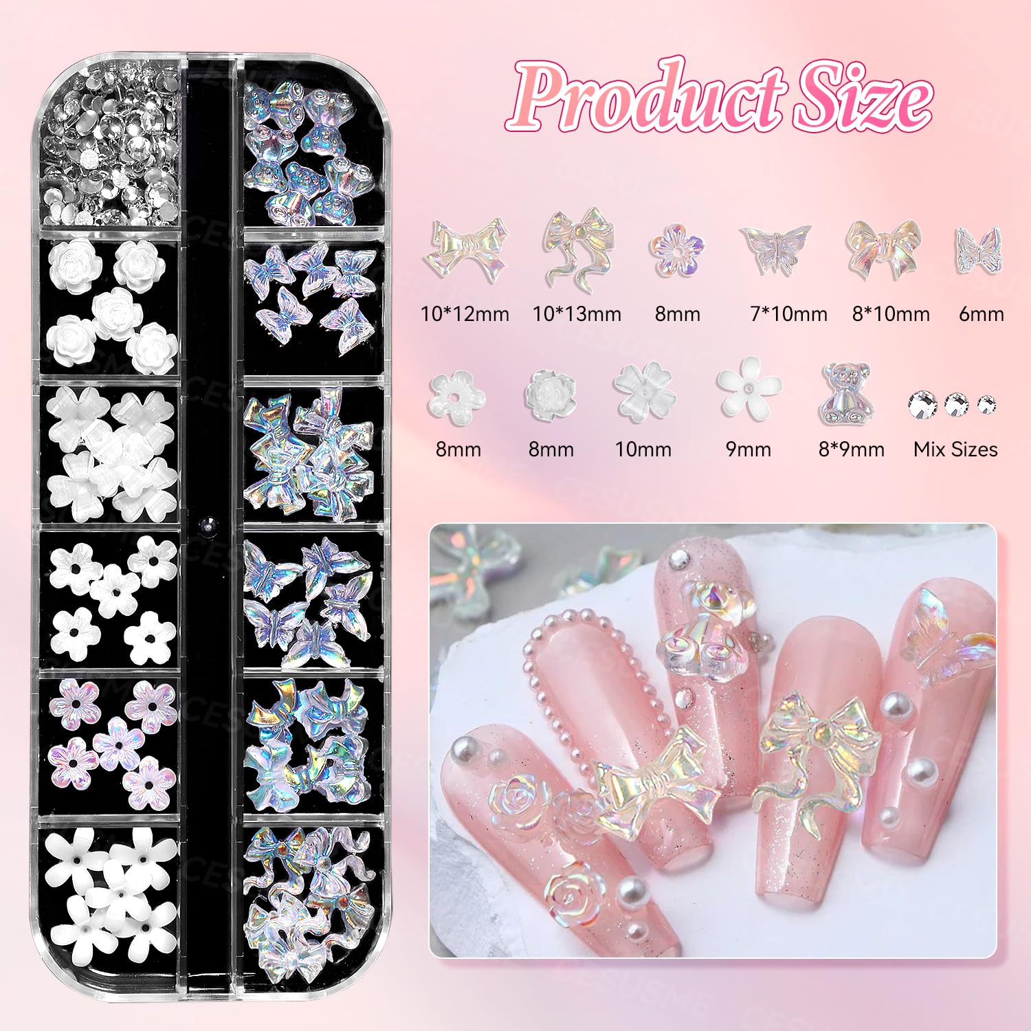 3D Color Flowers Nail Bows Charms - 3 Boxes White Rose Flower & Polar Butterfly Bowknt Bear Nail Art Charms for DIY Nail Art, Manicure, Acrylic Nails, Gel Polish, and Wedding Bridal Nail Jewelry Supplies