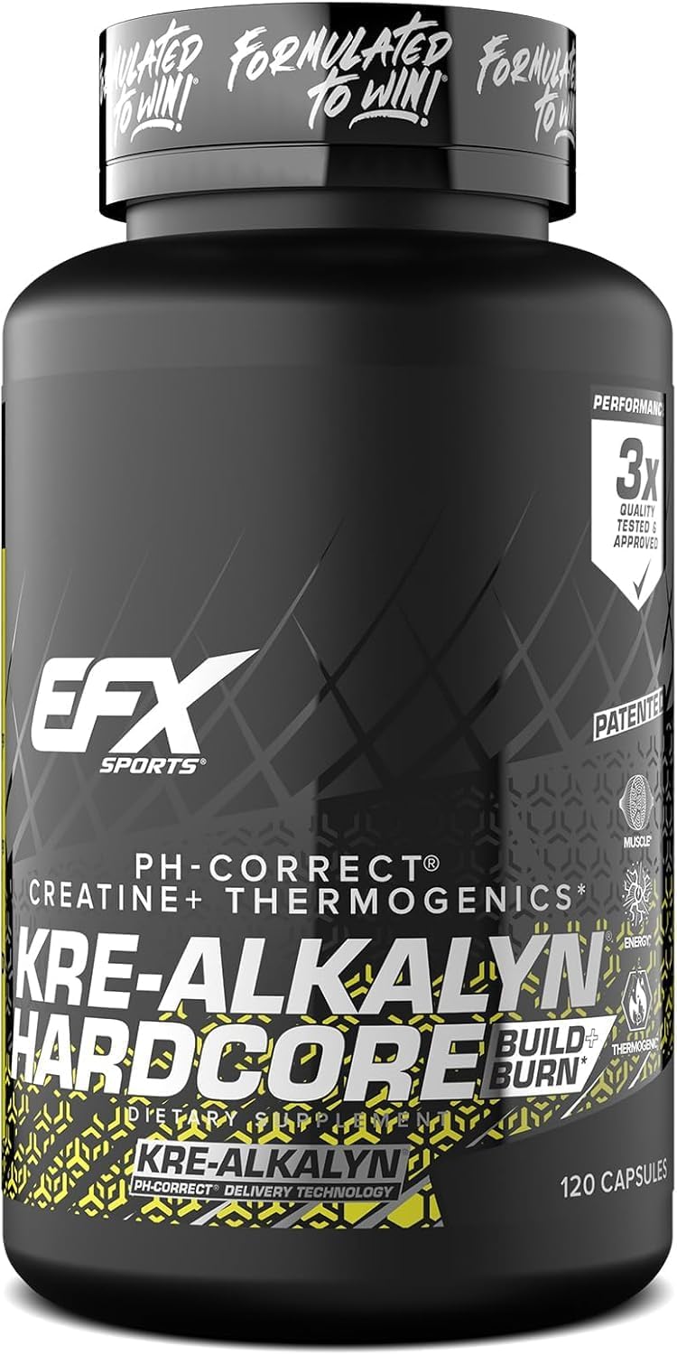 EFX Sports Kre Alkalyn Hardcore 120 Capsules - Premium Creatine Supplement for Muscle Growth & Strength | Pre-Workout & Post-Workout Recovery