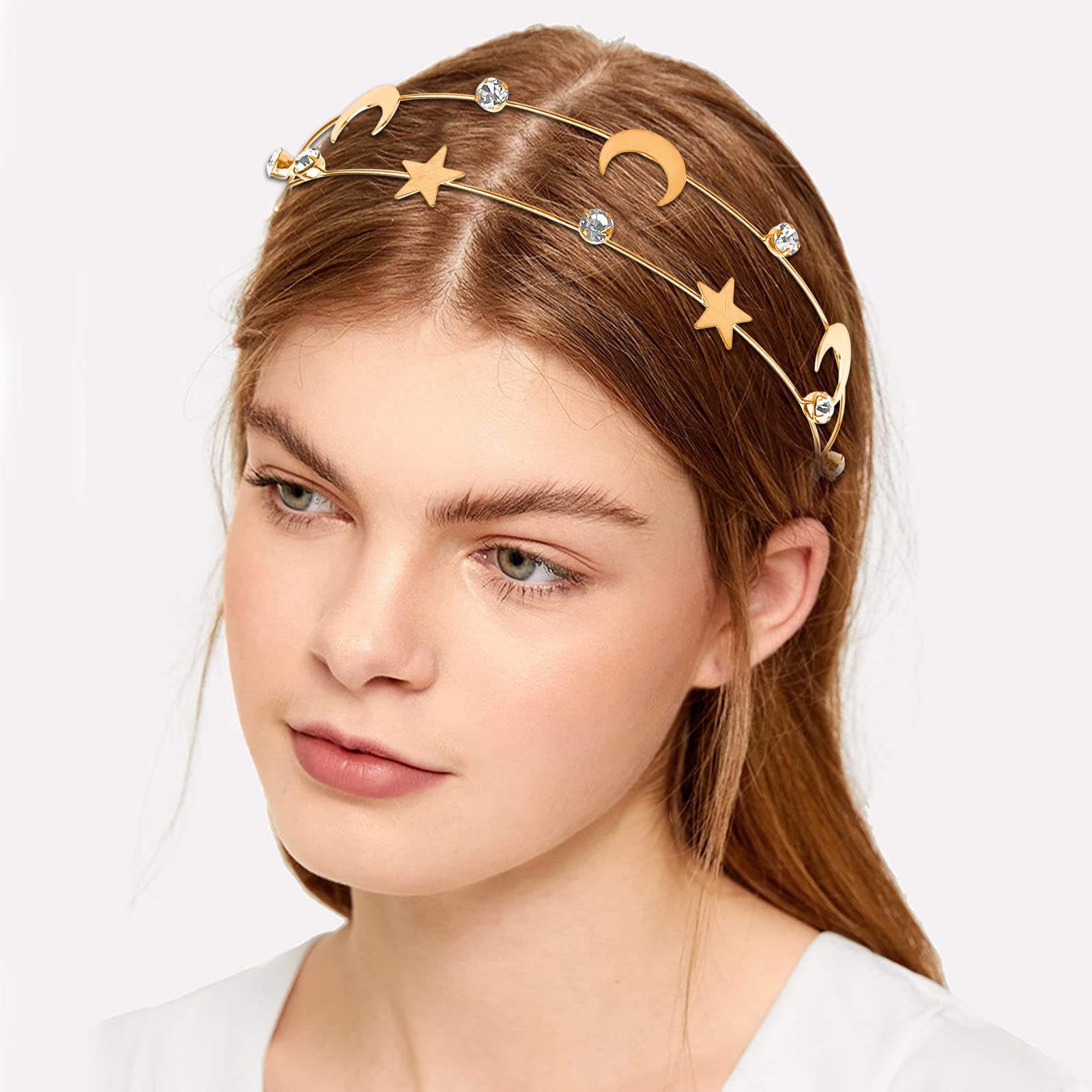 **Aswewamt 2-Piece Alloy Moon and Five-Pointed Star Headbands – Elegant Bridal Hair Hoops for Women & Girls – Perfect for Weddings, Parties, and Boho Styling**