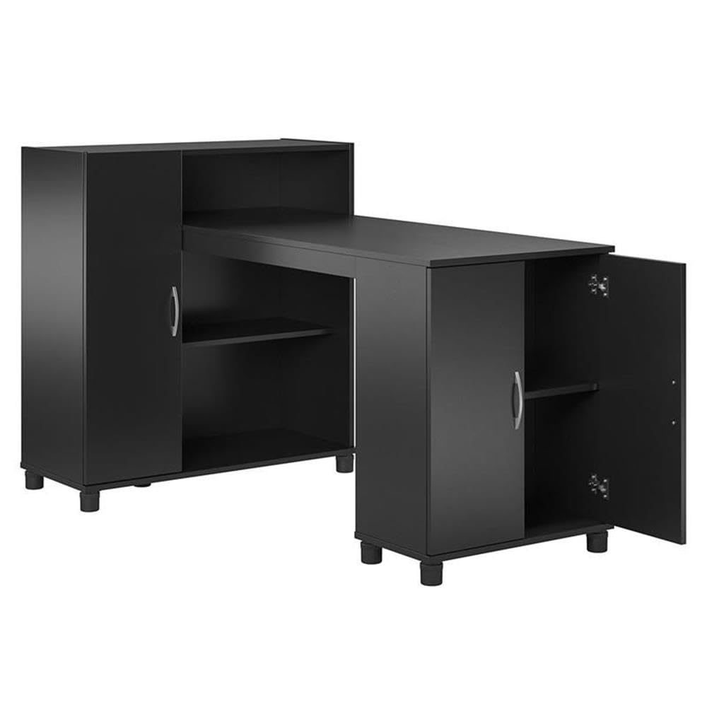 Pemberly Row Transitional Wood Hobby and Craft Desk with Storage Cabinet in Black - Perfect for DIY Projects, Home Office & Craft Room Organization