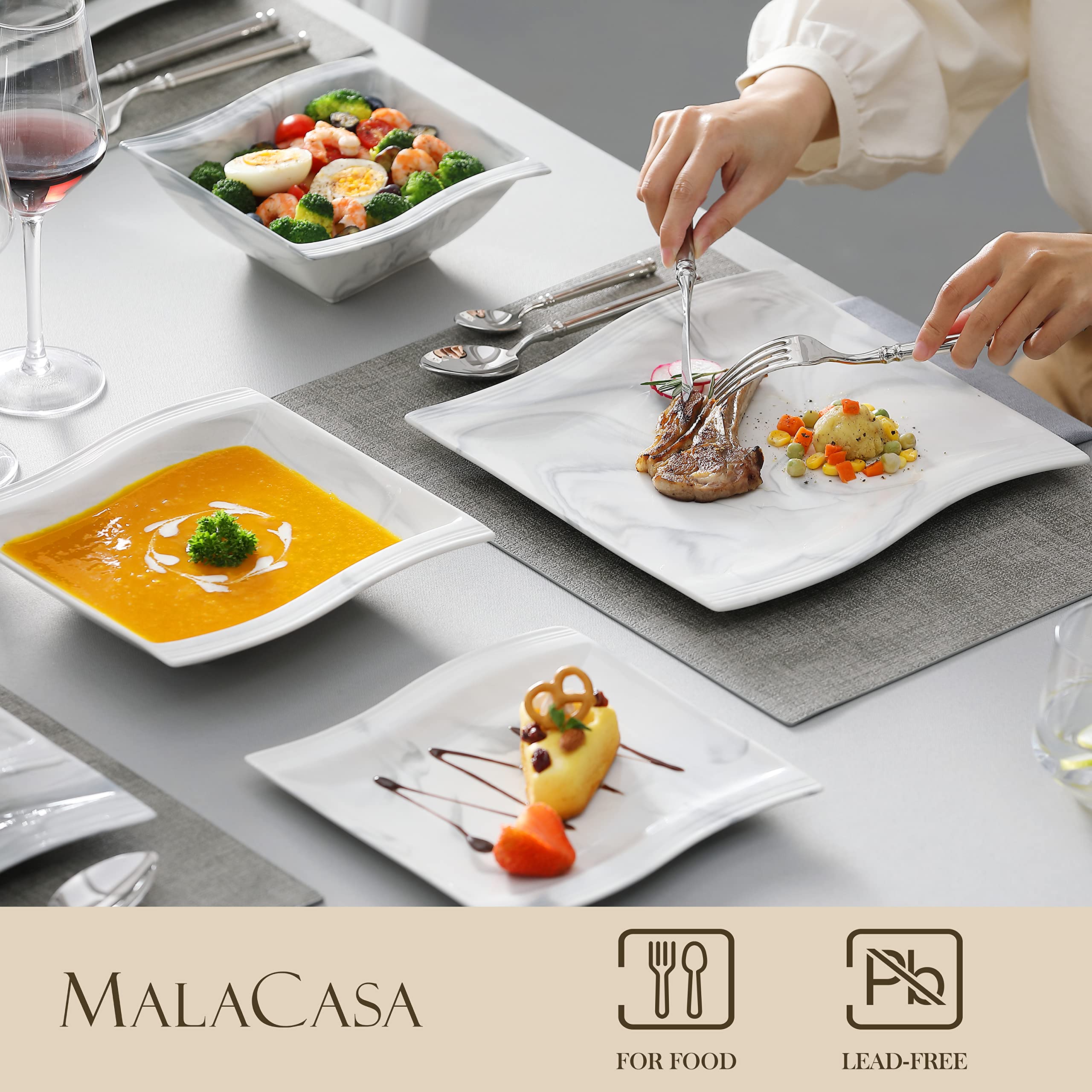 MALACASA 30-Piece Porcelain Dinnerware Set for 6 - Square Plates, Bowls, Cups & Saucers in Modern Marble Grey (Flora Series) - Perfect for Family Dinners, Parties & Restaurant Use