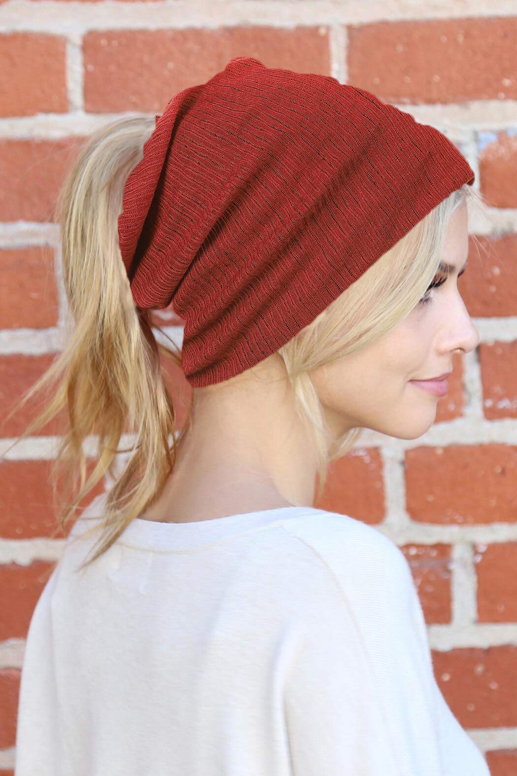 FORBUSITE 2 Pack Women's Slouchy Ponytail Beanie Hats - Thin Summer Knit Caps with Ponytail Hole - Multifunctional for Running, Yoga & Outdoor Activities
