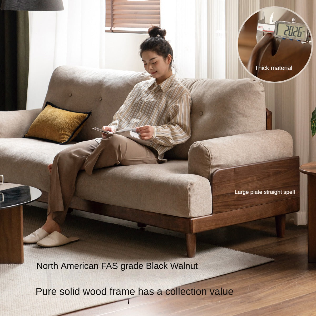 Premium Black Walnut Solid Wood Sofa - Genuine Leather & Fabric Upholstery, Modern Living Room Furniture for Home & Office Comfort