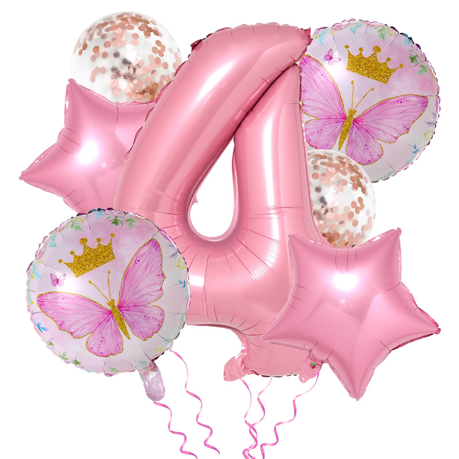 Pink Butterfly Balloons for 4th Birthday Party Decorations - 8PCS Number 4 Butterfly Confetti Balloons, Fairy Birthday Party Supplies for Girls | Perfect for Baby Showers, Birthday Celebrations & Princess Themed Parties