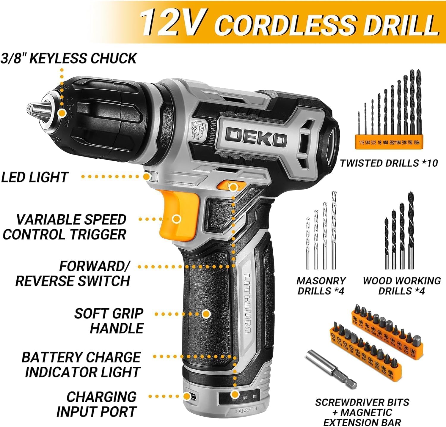**DEKOPRO 12V Cordless Drill Tool Set Kit - Electric Drill Driver with Battery & Case for Home DIY, Hand Repair & Woodworking Projects**