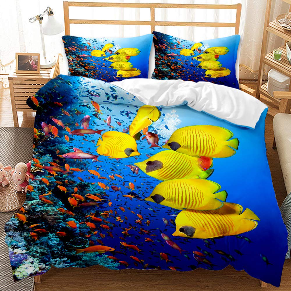 Kids Ocean Themed Beach Duvet Cover Set - Twin Size 3 Piece Blue Microfiber Bedding with Sea Waves Fish Print & Zipper Closure - Perfect for Summer, Hawaiian Decor, and Marine Life Themed Kids' Bedrooms