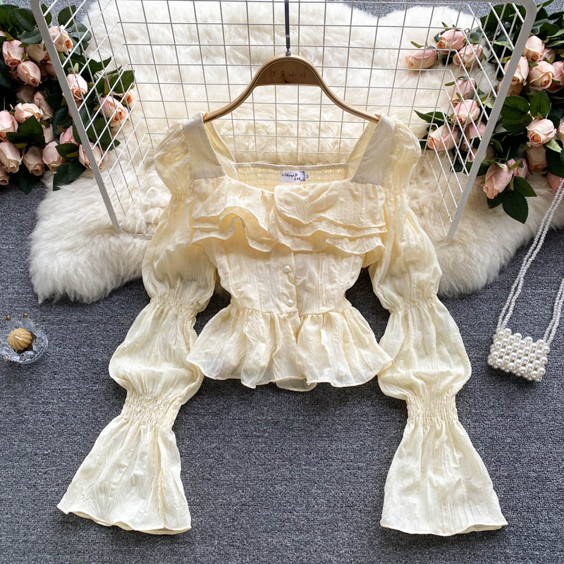 Elegant Puff Sleeve Ruffle Cropped Top for Women - Trendy Summer Blouse for Casual Outings & Date Nights | 1037