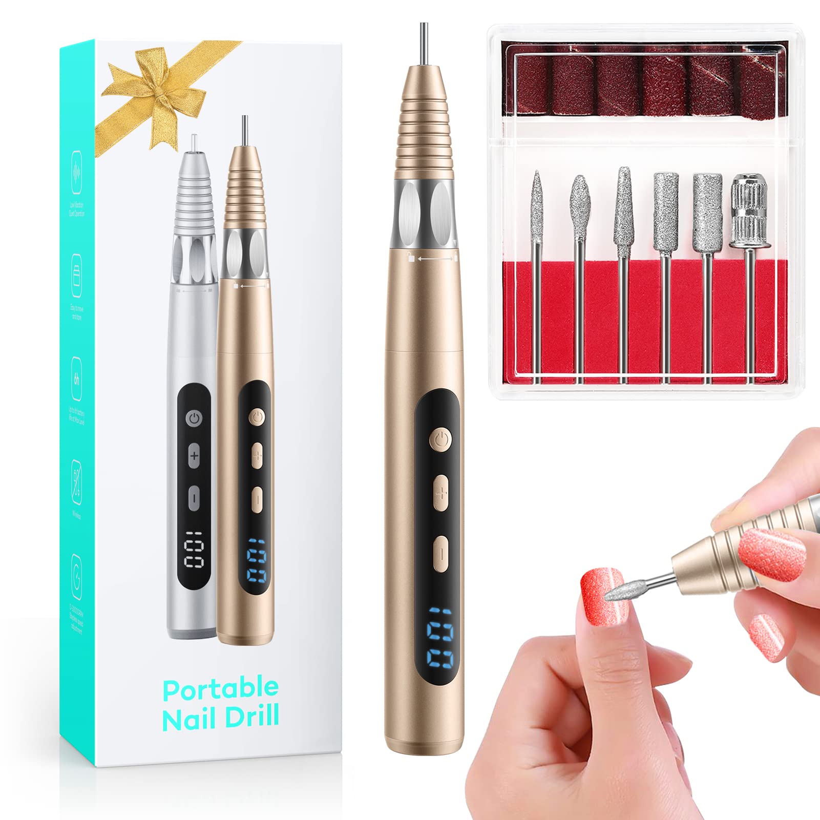 Professional 6-in-1 Cordless Nail Drill Kit - 30000 RPM Rechargeable Electric Nail File for Acrylic Nails, Manicure & Pedicure | Portable Nail Art Tool for Home & Salon Use