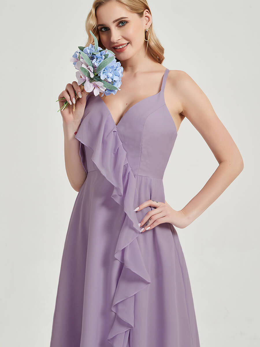 Elegant Dusty Purple Chiffon Bridesmaid Dress with Criss Cross Straps, Ruffles & High Slit - Perfect for Weddings, Parties & Formal Events