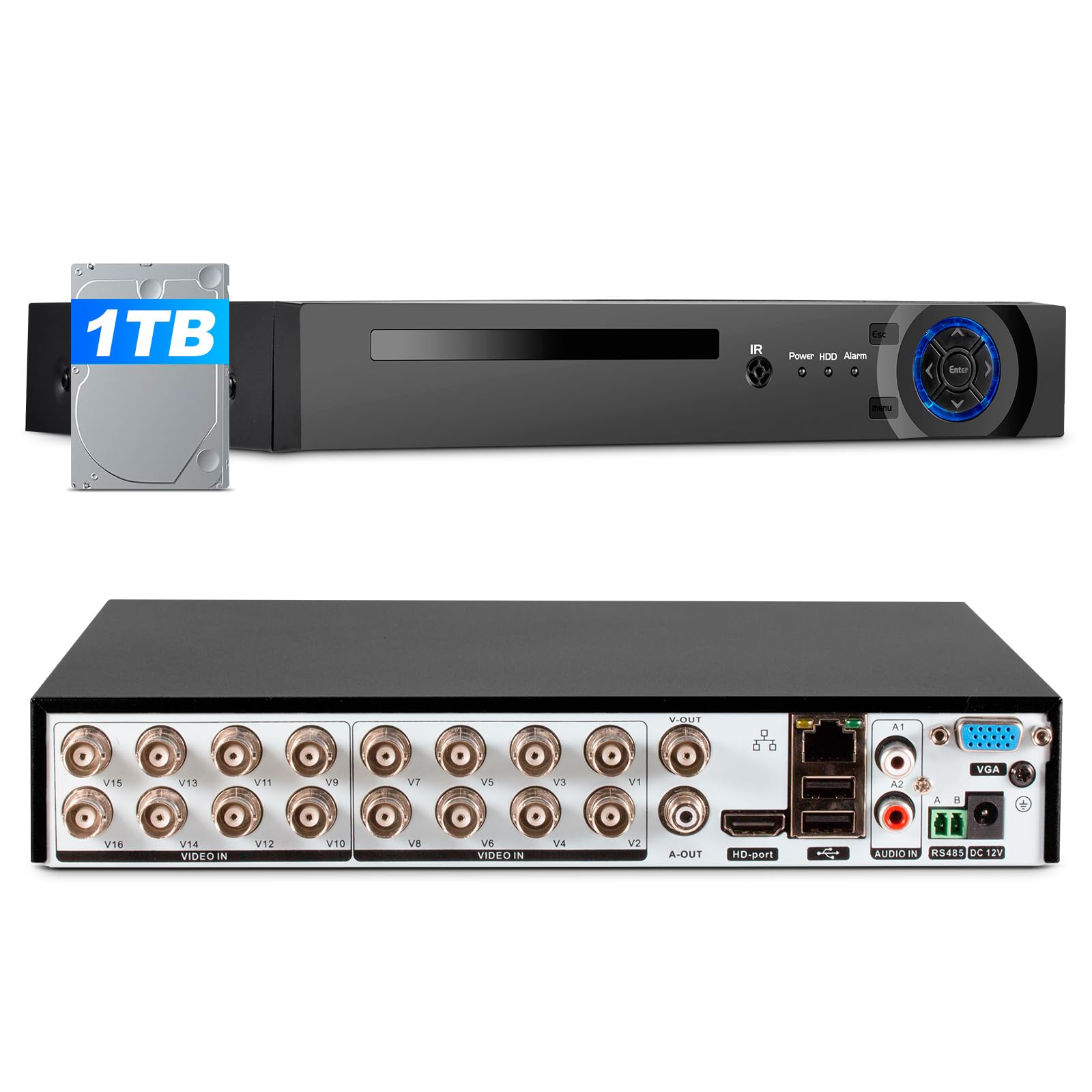 16 Channel 1080p Hybrid 6-in-1 Security DVR Recorder - Supports 5MP AHD/TVI/CVI/CVBS/IP/XVI Cameras with Human Detection & Remote Access (1TB HDD Included) - Ideal for Home Security, Business Surveillance & Remote Monitoring