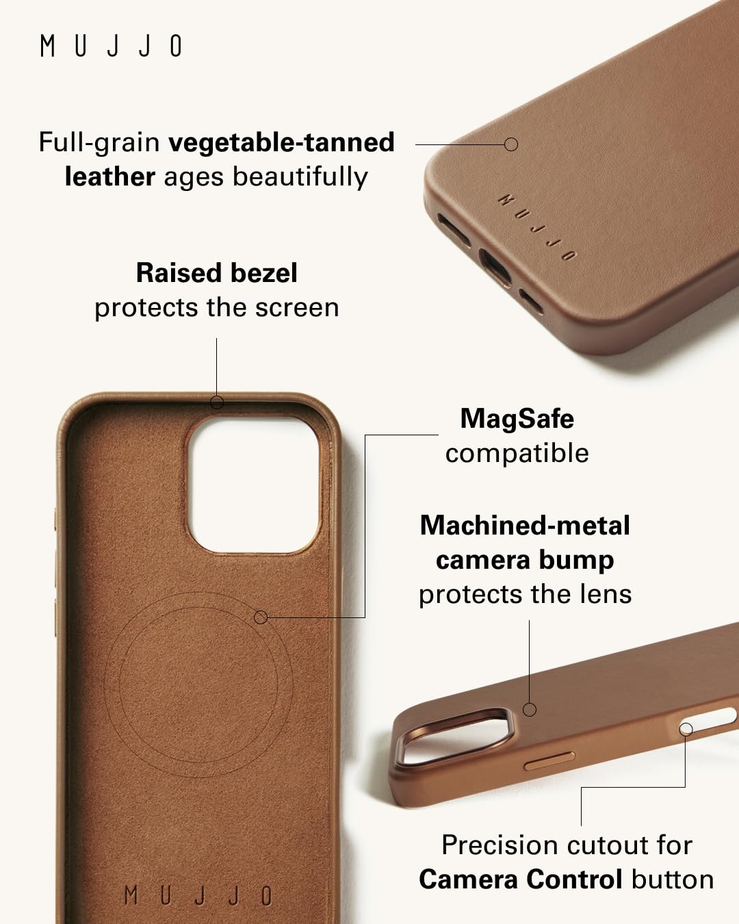Mujjo Premium European Leather Phone Case for iPhone 16 Pro Max - MagSafe Compatible, Slim Protective Cover with Enhanced Camera Protection | Recycled Eco-Friendly Materials | Tan Brown | Perfect for Work, Travel & Everyday Use