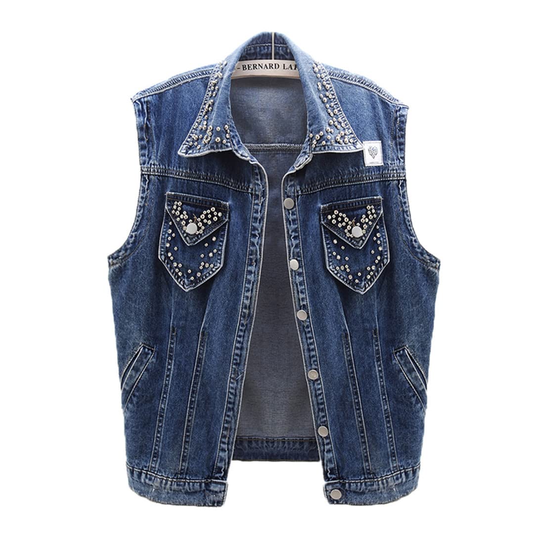Vintage Korean Rivet Denim Waistcoat for Women - Sleeveless Jean Jacket in Black & Blue | Fall Fashion, Student Style, Casual Outfit, Streetwear Layering