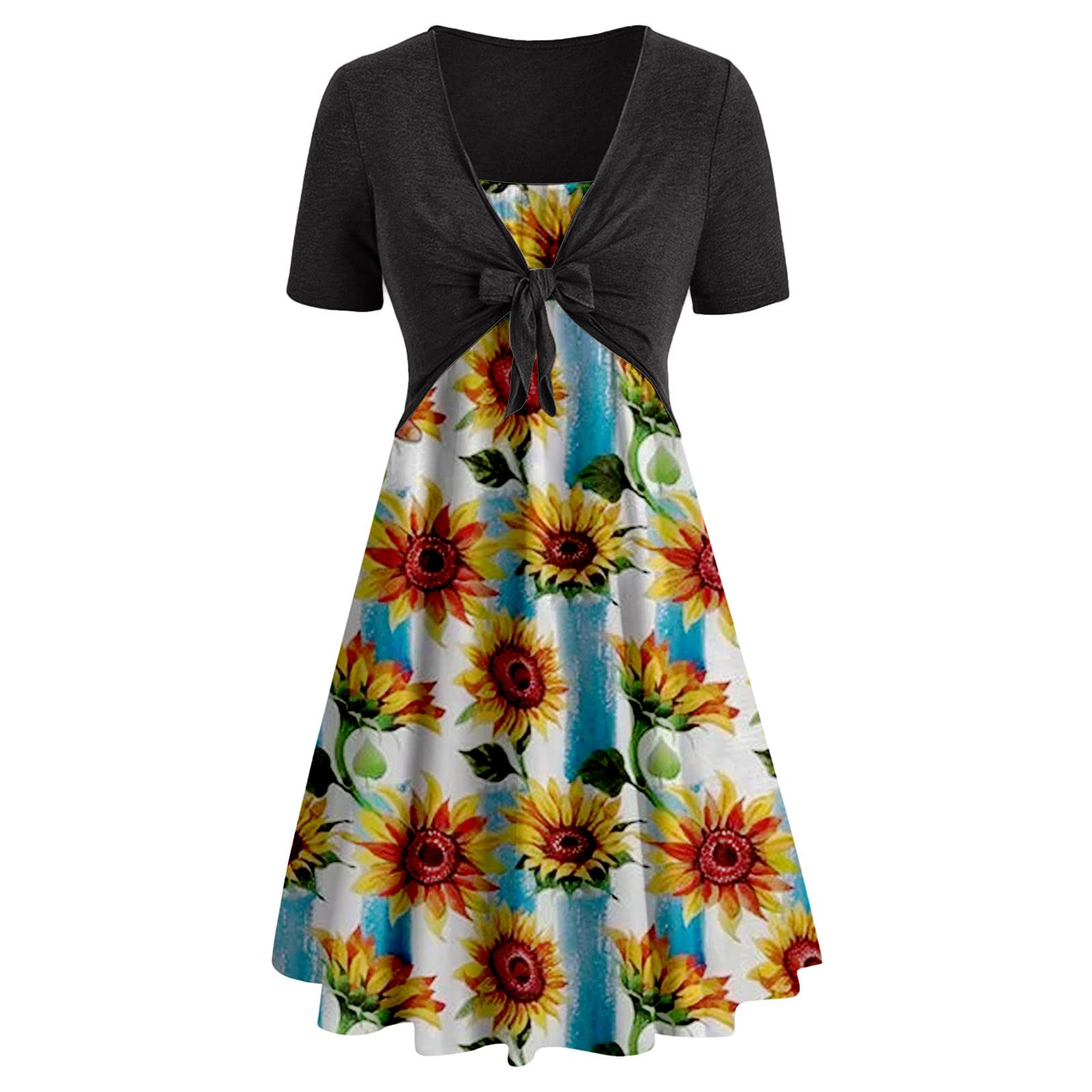 Handyulong Women's Summer Two-Piece Dress Set - Fashion Bowknot Bandage Top & Sunflower Print Midi Skirt | Beach Vacation, Cocktail Party, Date Night Outfits
