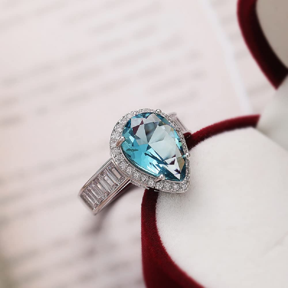 Elegant Waterdrop Pear Shape Cut Aquamarine Gemstone & Baguette CZ Zircon Promise Ring - Bridal Eternity Engagement Wedding Jewelry for Women - Perfect for Proposals, Anniversaries & Romantic Gifts