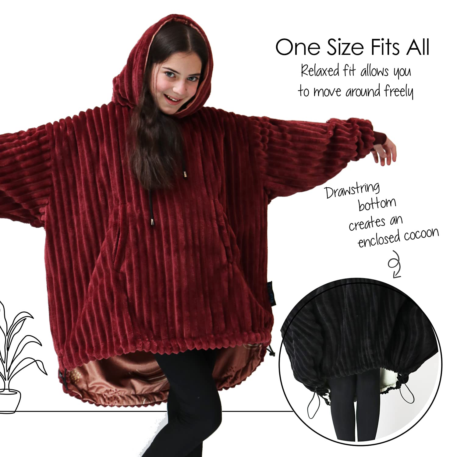 Nestl Kids Wearable Blanket Hoodie - Reversible Plush Microfiber Oversized Hooded Sweatshirt Blanket for Boys & Girls (Burgundy/Rainbow) | Warm Cozy Fleece Lounge Wear for Sleepovers, Movie Nights & Winter Comfort