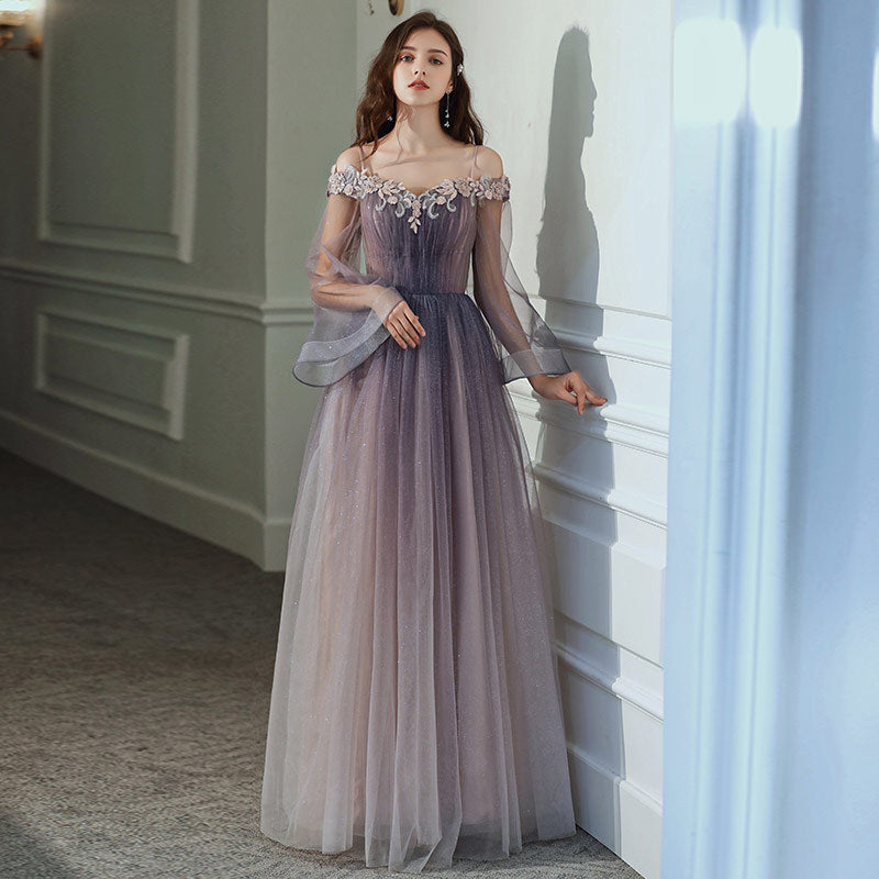 Elegant Off Shoulder Purple A-Line Tulle Prom Dress with Long Sleeves - Formal Evening Gown for Homecoming, Wedding Guest & Special Occasions