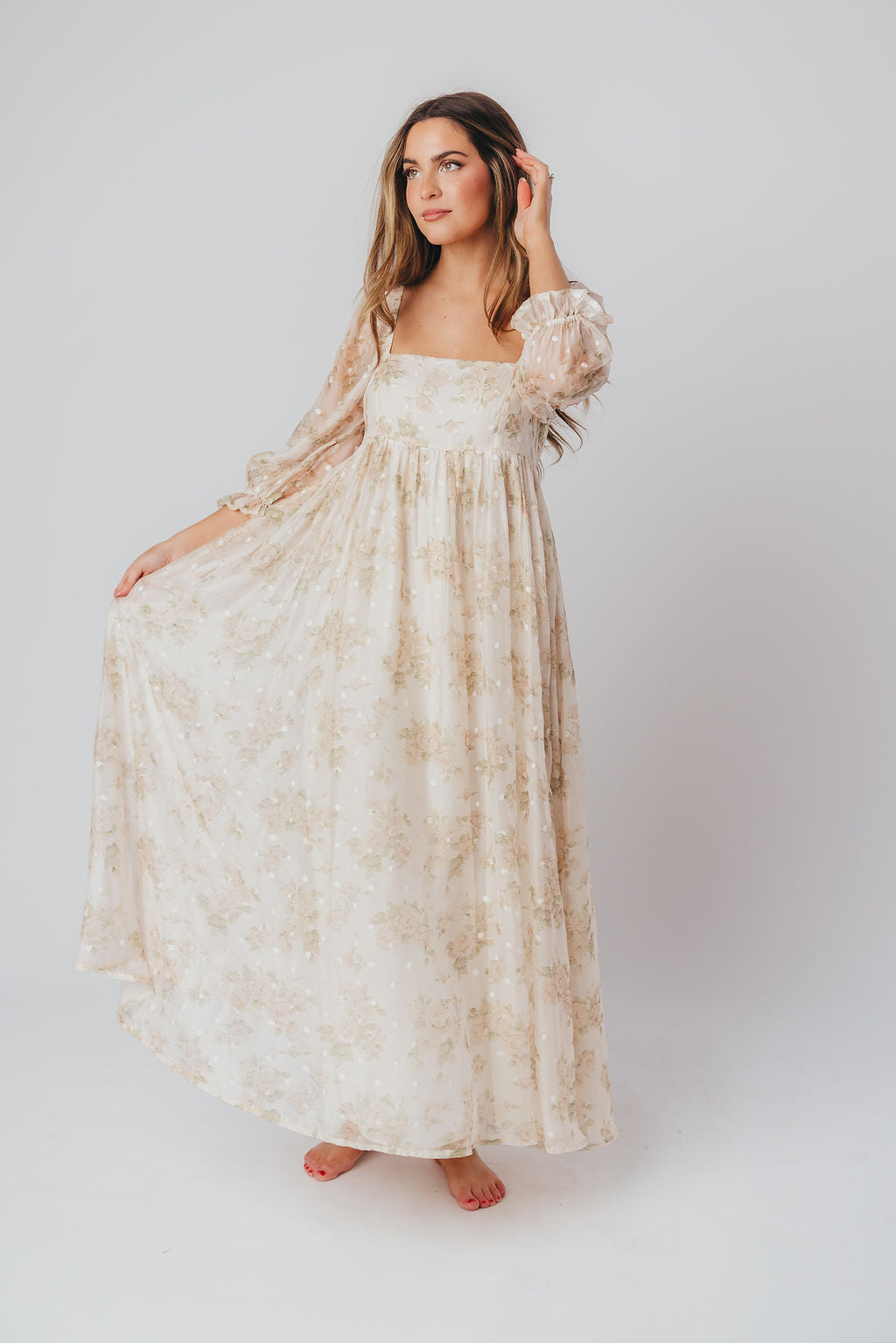 Elegant Cream Floral Smocked Maxi Dress for Women - Bump Friendly Maternity & Inclusive Sizing (S-3XL) | Perfect for Summer Weddings, Beach Vacations & Casual Outings