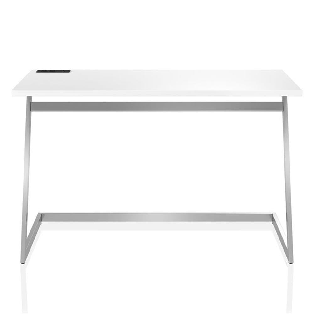 Furniture of America Cornica Modern Metal Writing Desk with USB Ports - White & Chrome Finish for Home Office, Study, or Dorm Room Workspace