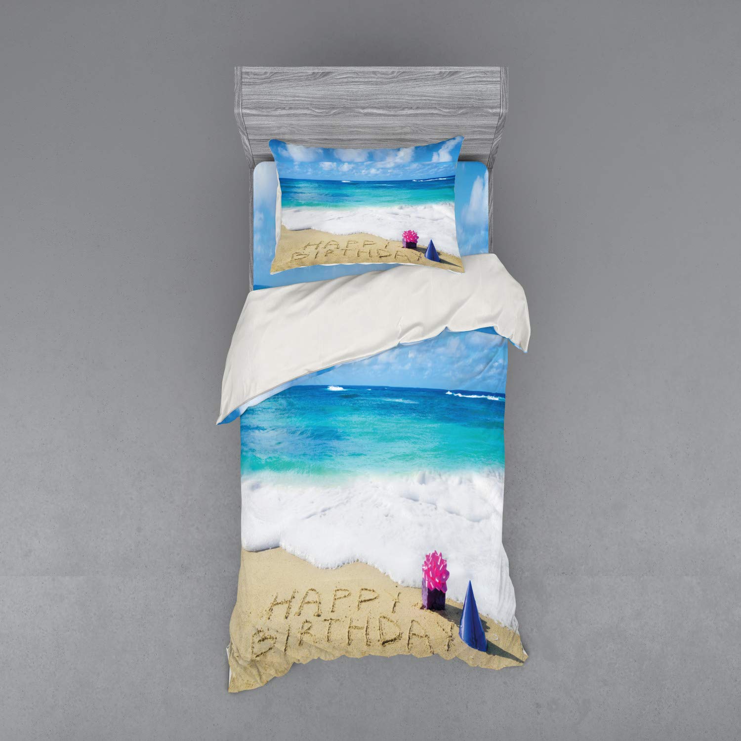 Ambesonne Birthday Duvet Cover Set - Happy Beach Celebration with Party Hats & Gifts | 3-Piece Twin XL Bedding Set (Duvet Cover, Sham, Fitted Sheet) in Blue, Pale Brown & Pink | Perfect for Birthday Parties, Beach-Themed Bedrooms & Gift Giving