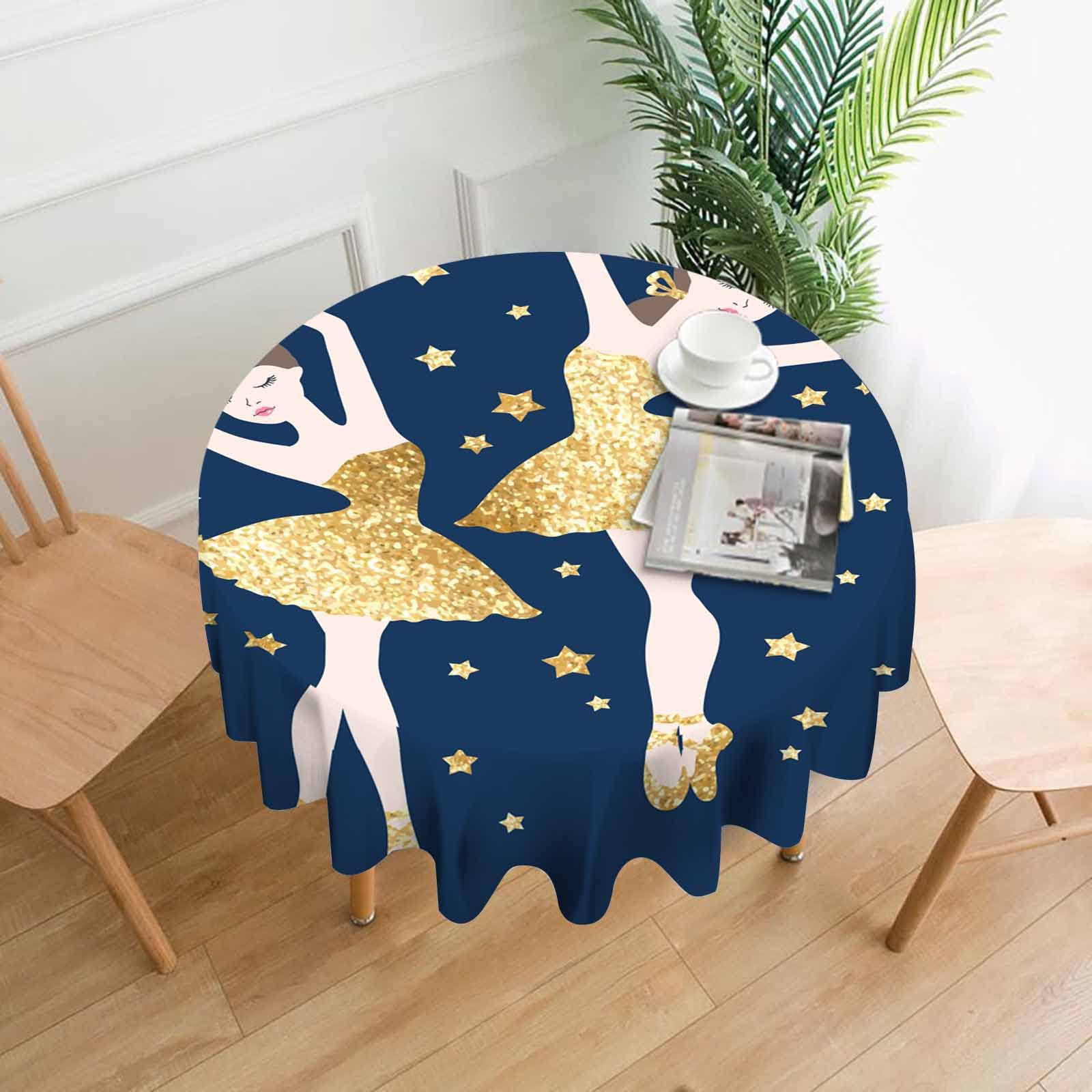 TKS MITLAN 60 Inch Round Tablecloth - Gold Glitter Tutu Dresses with Sparkle Stars on Blue Background, Elegant Table Cover for Indoor/Outdoor Dining, Kitchen, Party, Buffet & Wedding Decor | Perfect for Birthday Celebrations, Bridal Showers, and Holiday Gatherings