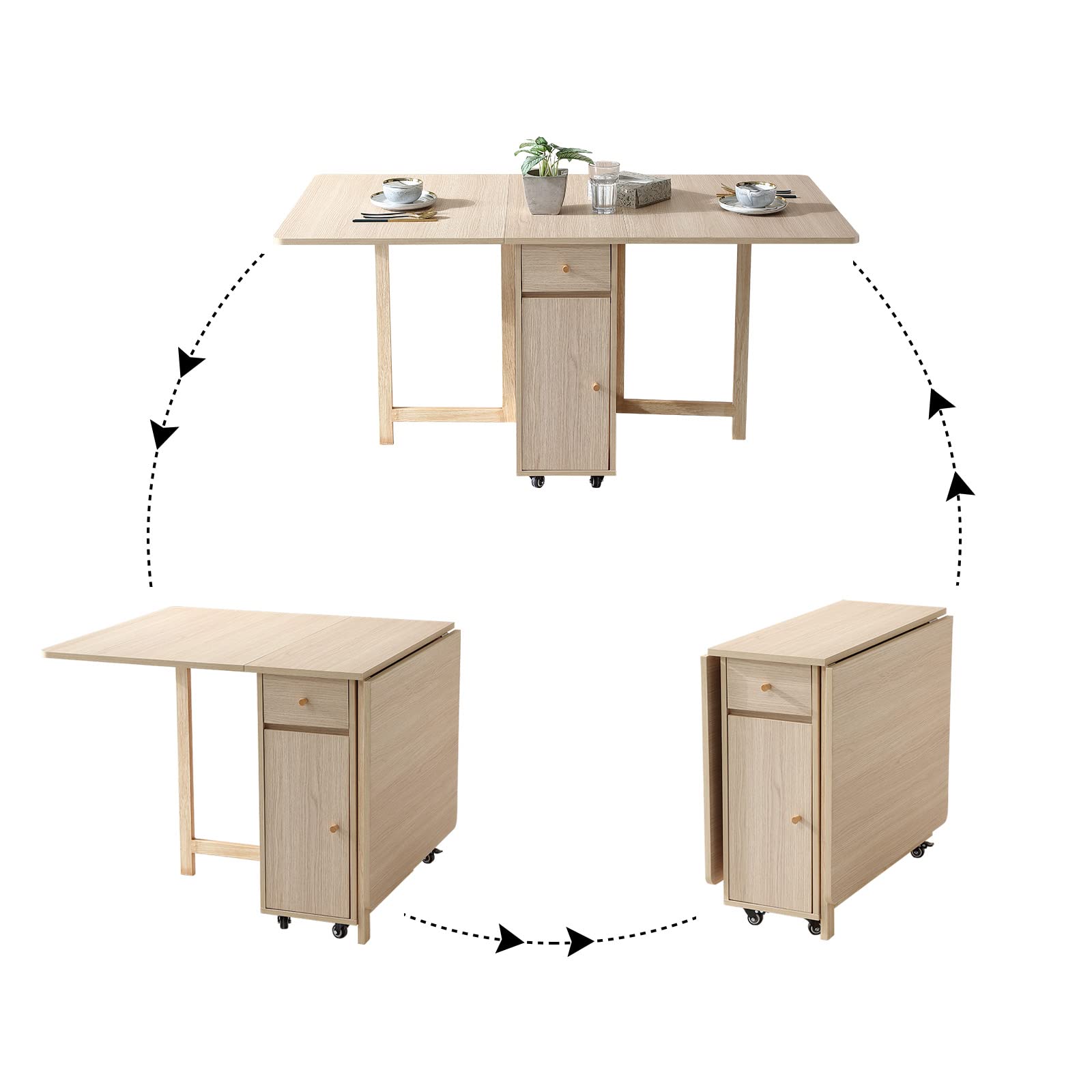 Extendable Drop Leaf Folding Dining Table with 2 Drawers & 4 Wheels - Space Saving Kitchen Table for Small Apartments, Farmhouse, Living Room | Solid Wood Finish | Perfect for Dining, Entertaining & Home Office Use