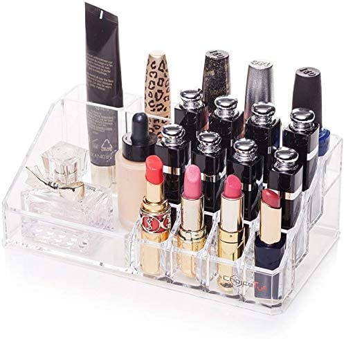 PRUTHA® 16 Grid Clear Acrylic Lipstick Organizer & Nail Polish Holder - 16 Compartment Makeup Storage Box for Lip Gloss, Cosmetics, Jewelry - Perfect for Vanity, Bathroom, and Travel Organization