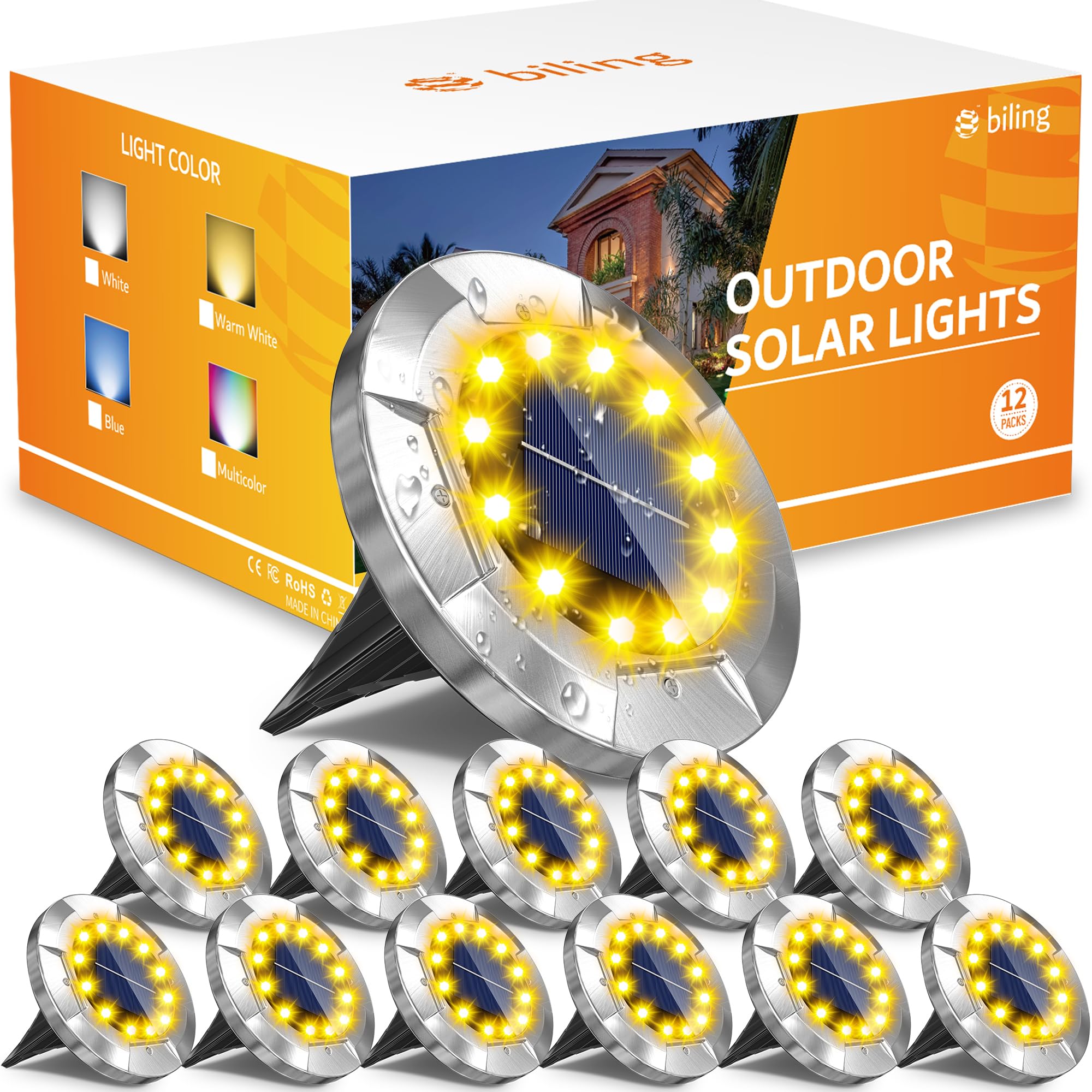 12 Pack Solar Ground Lights Outdoor - 12 LEDs Waterproof Landscape Lighting for Garden, Yard, Walkway, Driveway | Warm White | Long-Lasting Bright Solar Pathway Lights for Patio, Deck & Lawn Decoration