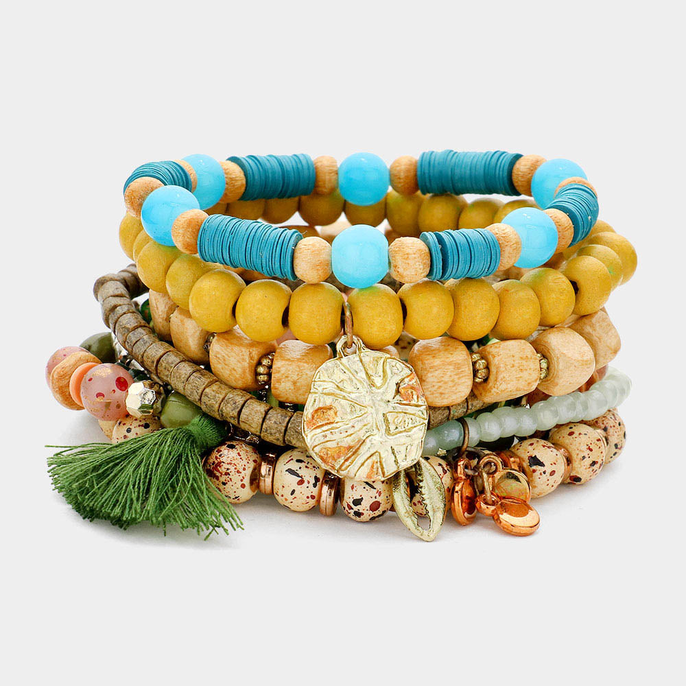 10PCS Metal Puka Shell Tassel Charm Wood Heishi Beaded Stretch Bracelets for Women - Boho Beach Jewelry, Summer Festival Accessories, Yoga & Meditation Gifts