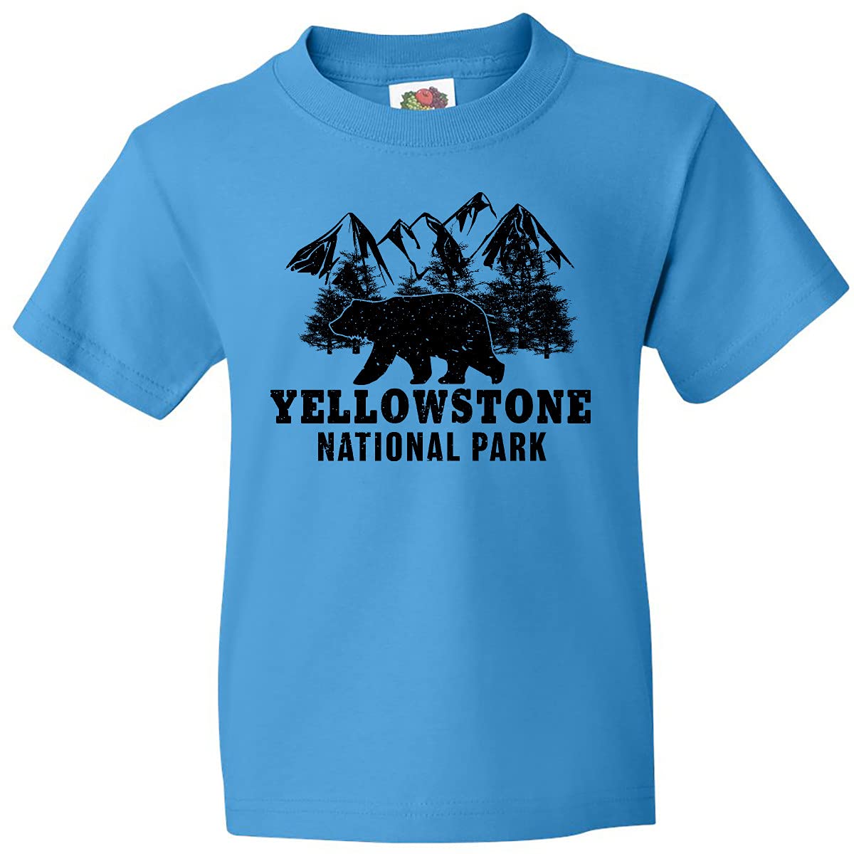 Yellowstone National Park Bear Mountains Trees Youth T-Shirt - Kids Outdoor Adventure & Nature Lover Apparel for Camping, Hiking & National Park Visits