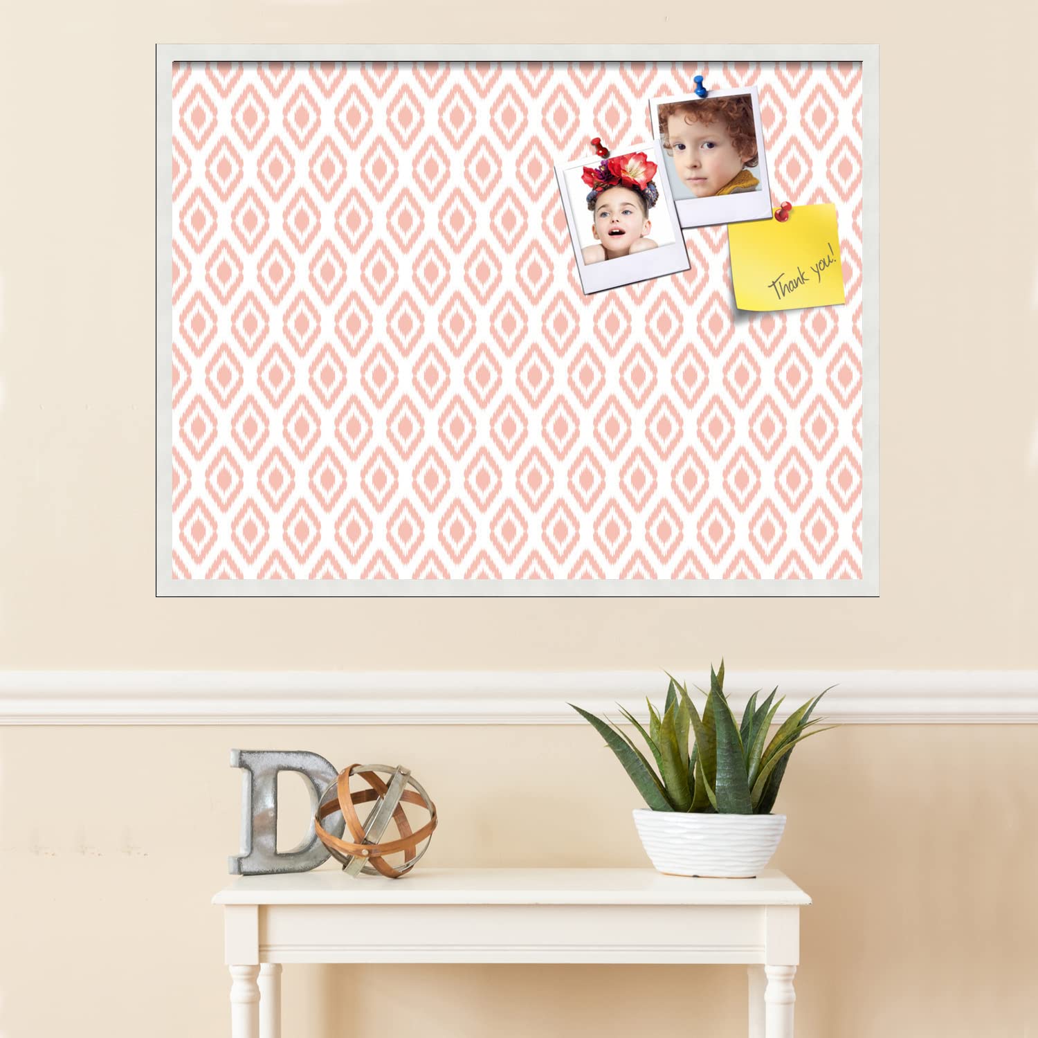 PinPix 40x30 Inch Cork Bulletin Board with Ikat Grapefruit Design & Satin White Frame - Stylish Decorative Pin Board for Home, Office, School - Perfect for Notes, Photos, and Memos Organization