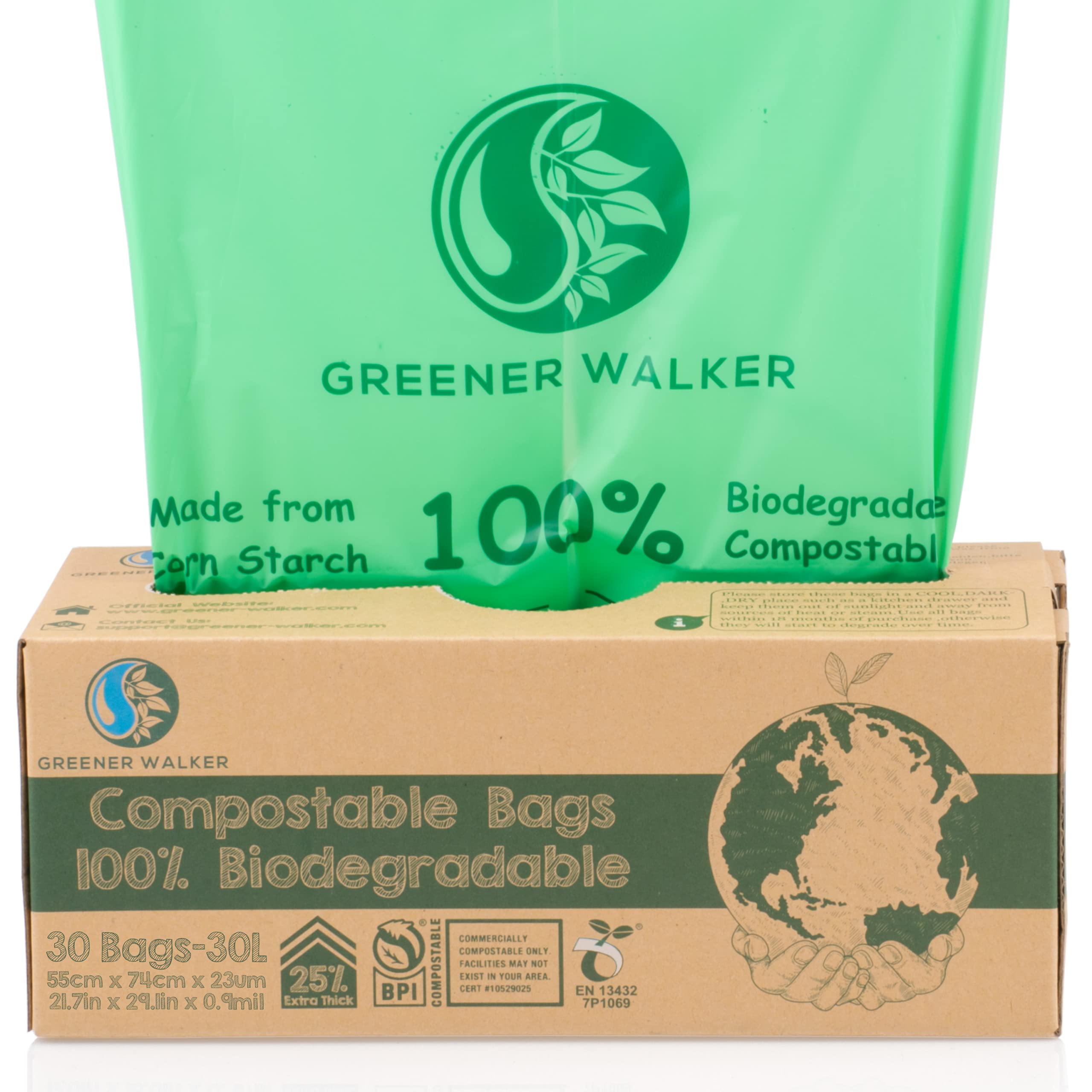 GREENER WALKER 25% Extra Thick Compostable Trash Bags - 7.9 Gallon (30 Count) | ASTM D6400 & BPI Certified Biodegradable Kitchen Waste Bags | Perfect for Food Scraps, Organic Waste & Eco-Friendly Home Use