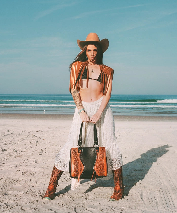 Trinity Ranch Floral Tooled Leather Tassel Concealed Carry Tote Bag - Stylish Women's Handbag for Everyday Use, Work & Travel