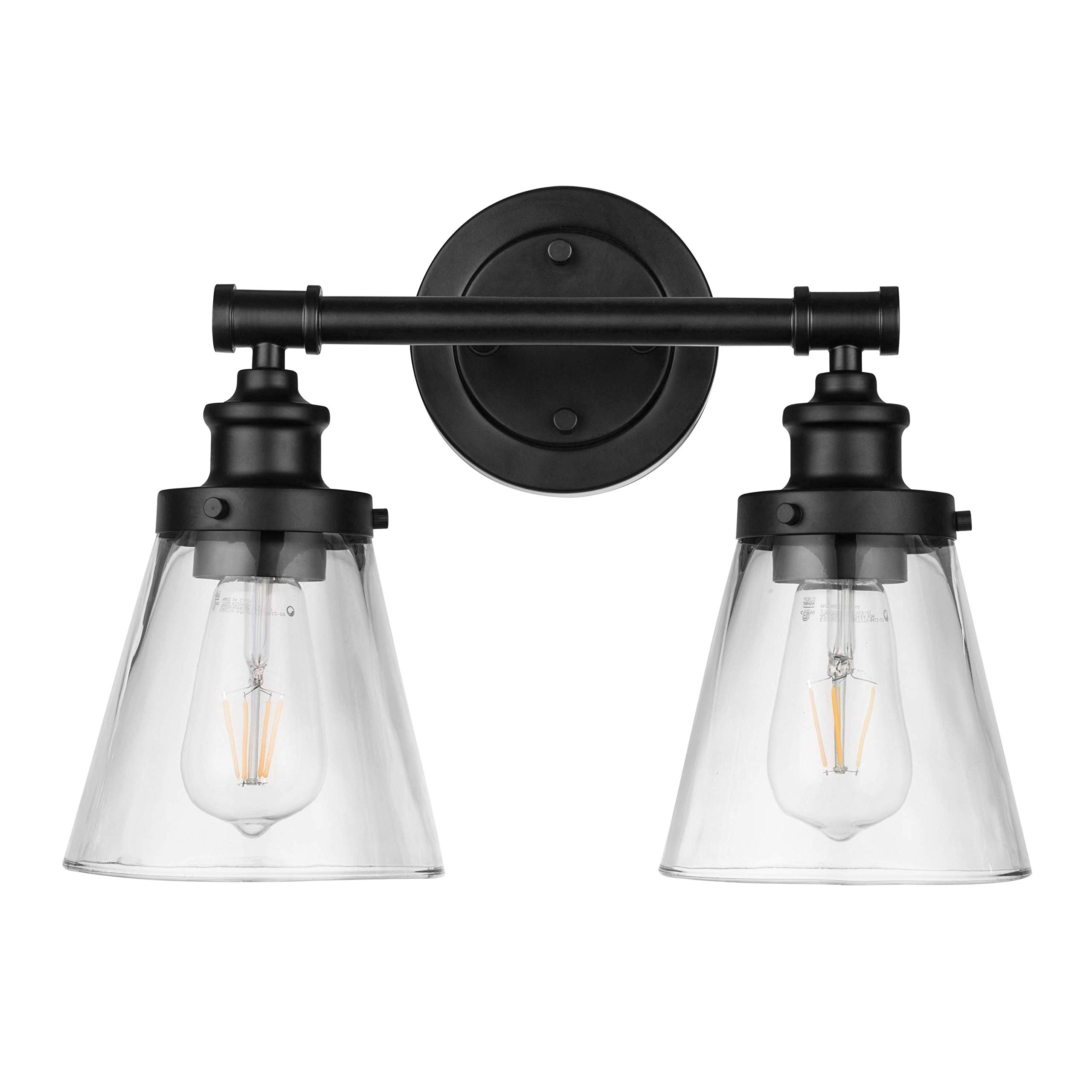 Prominence Home Helenah 2-Light Matte Black Bathroom Vanity Light Fixture with Clear Glass Shades - 51561-01 | Modern Lighting for Bathroom, Powder Room & Dressing Area