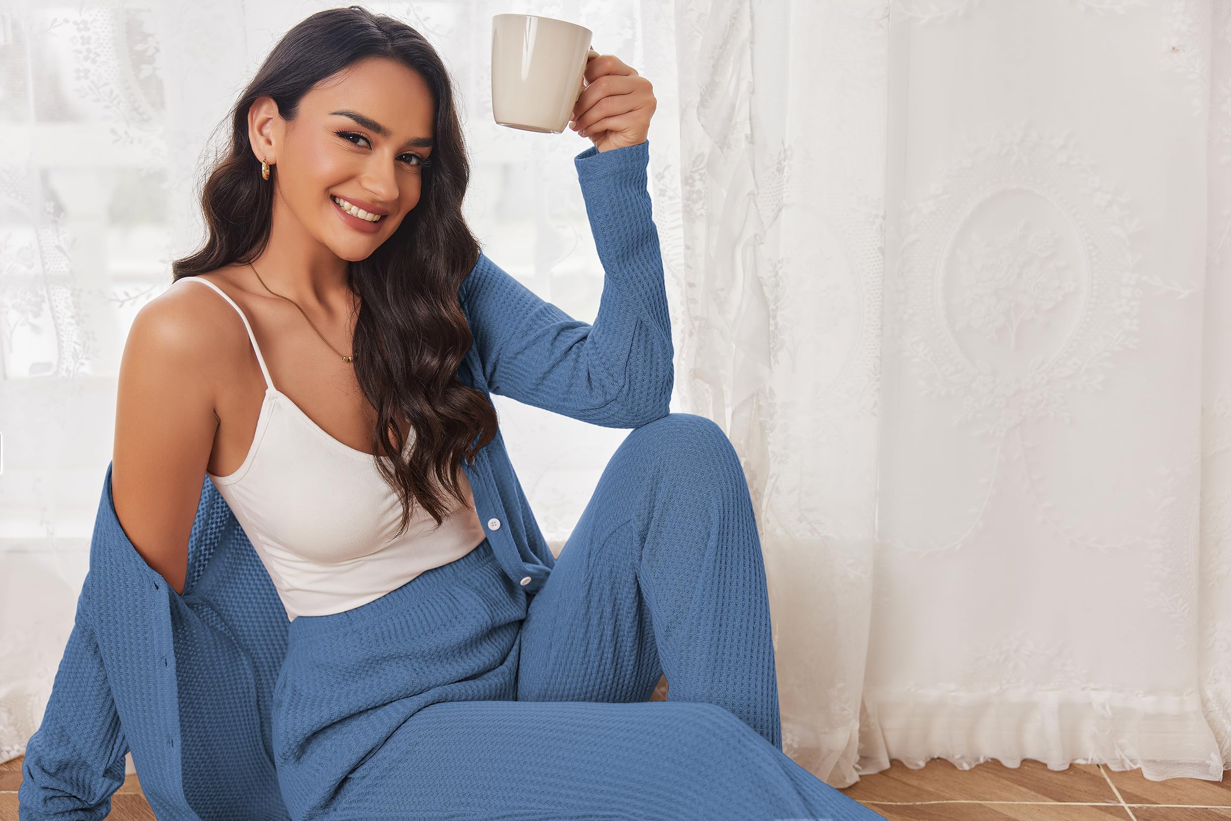 Ekouaer Women's Waffle Knit Pajama Set - Soft Button Down Sleepwear & Loungewear with Pockets | Cozy Two-Piece Pjs for Nighttime Comfort & Relaxation at Home