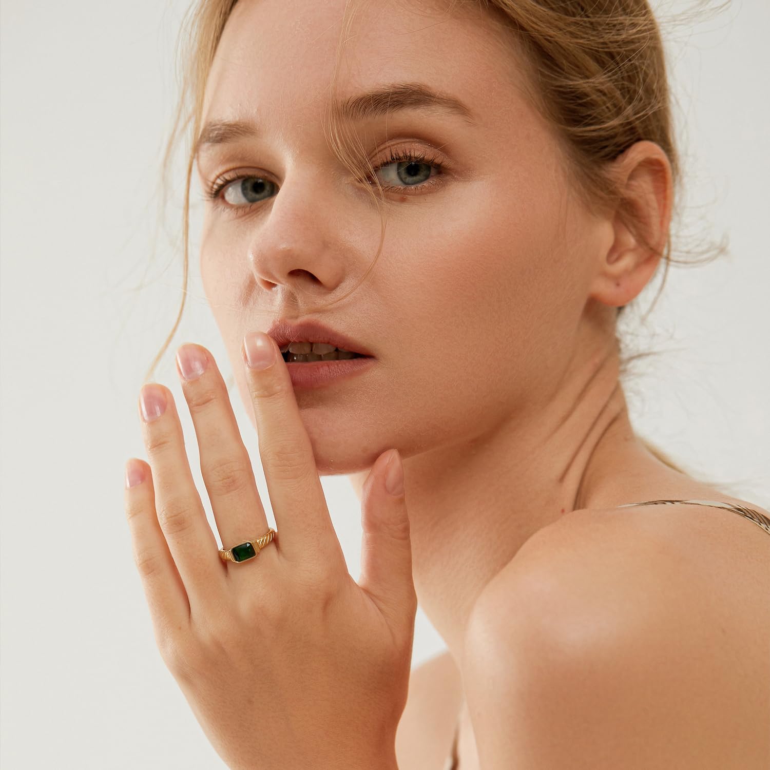 14K Gold Plated Emerald Rings for Women - Dainty Green Gemstone Rings with CZ, Non-Tarnish, Size 6/7/8/9 - Perfect for Weddings, Anniversaries & Everyday Elegance