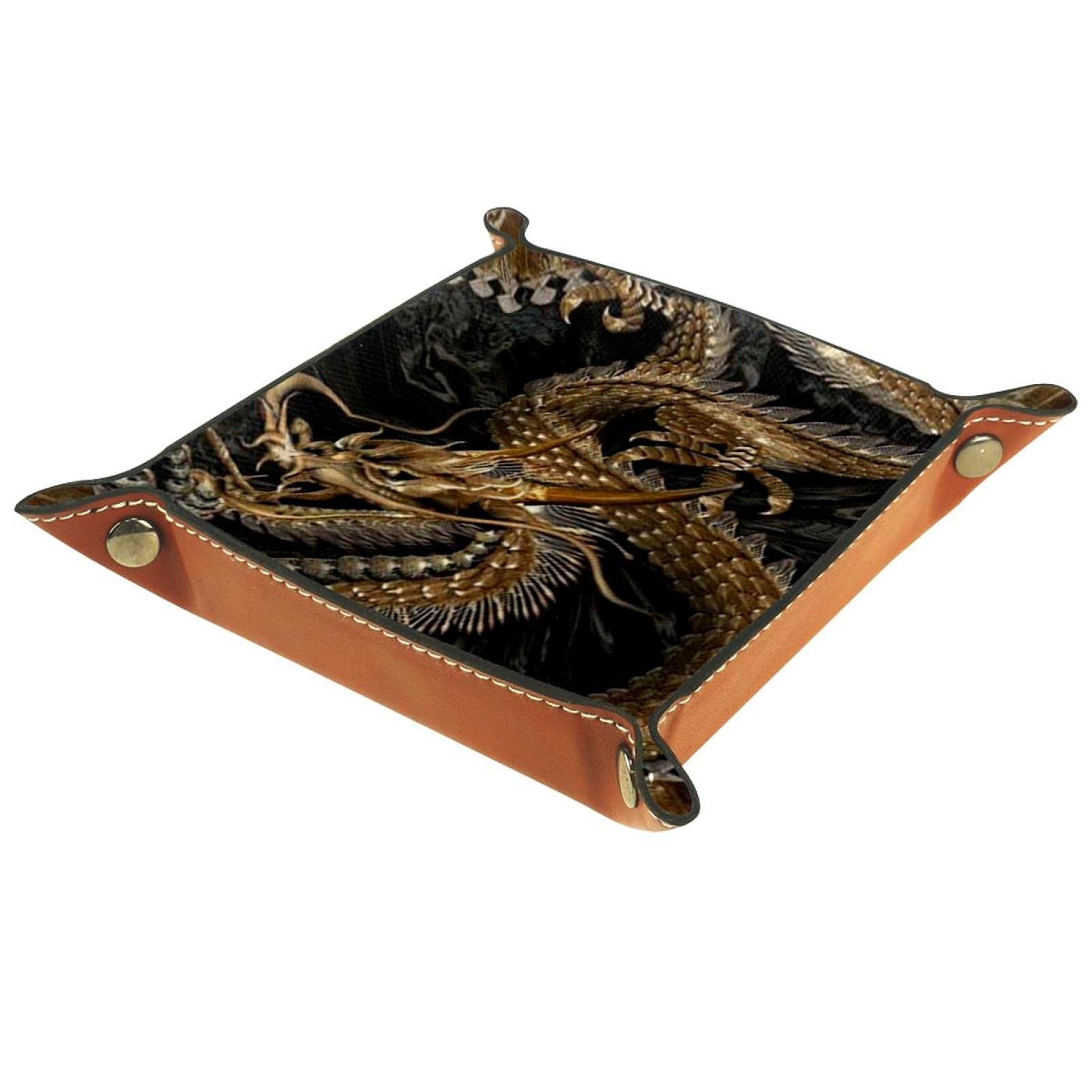 Leather Catchall Wallet for Keys & Coins - Ancient Dragon Design - 8x8in - Perfect for Jewelry, Glasses, Headphones