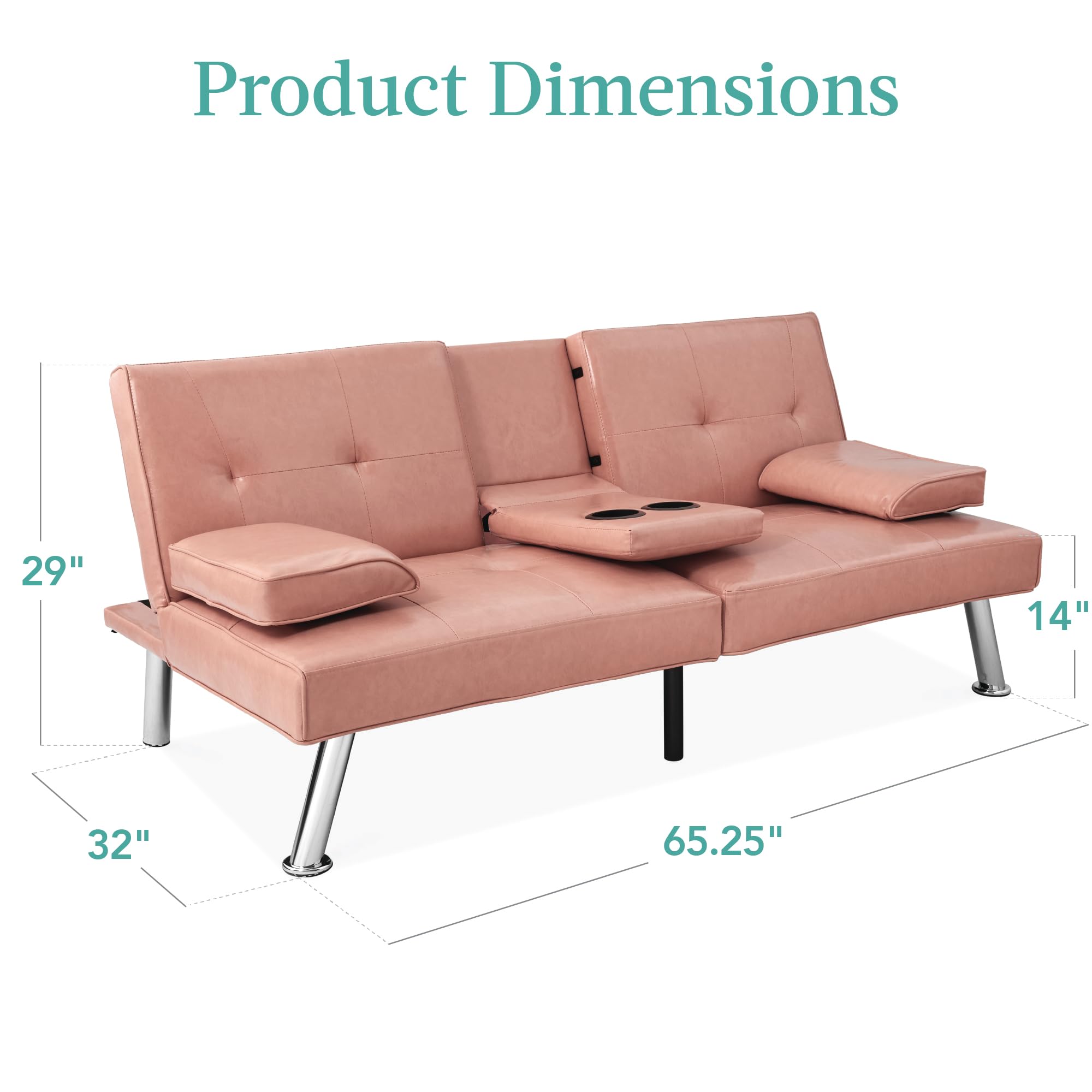 Best Choice Products Faux Leather Convertible Futon Sofa Bed - Adjustable Folding Guest Bed with Removable Armrests, Modern Upholstered Sleeper for Living Room, Office & Small Spaces - Pink