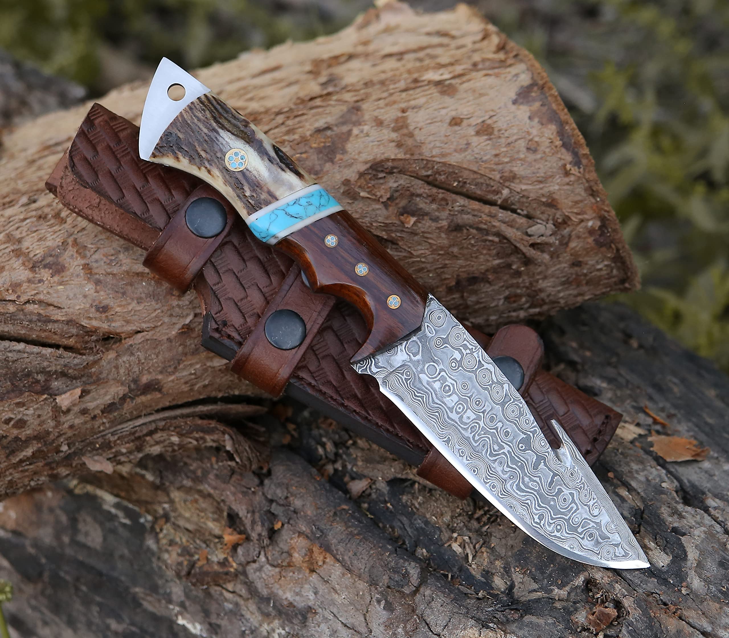 ExoSharp Damascus Gut Hook Hunting Knife - 9.5