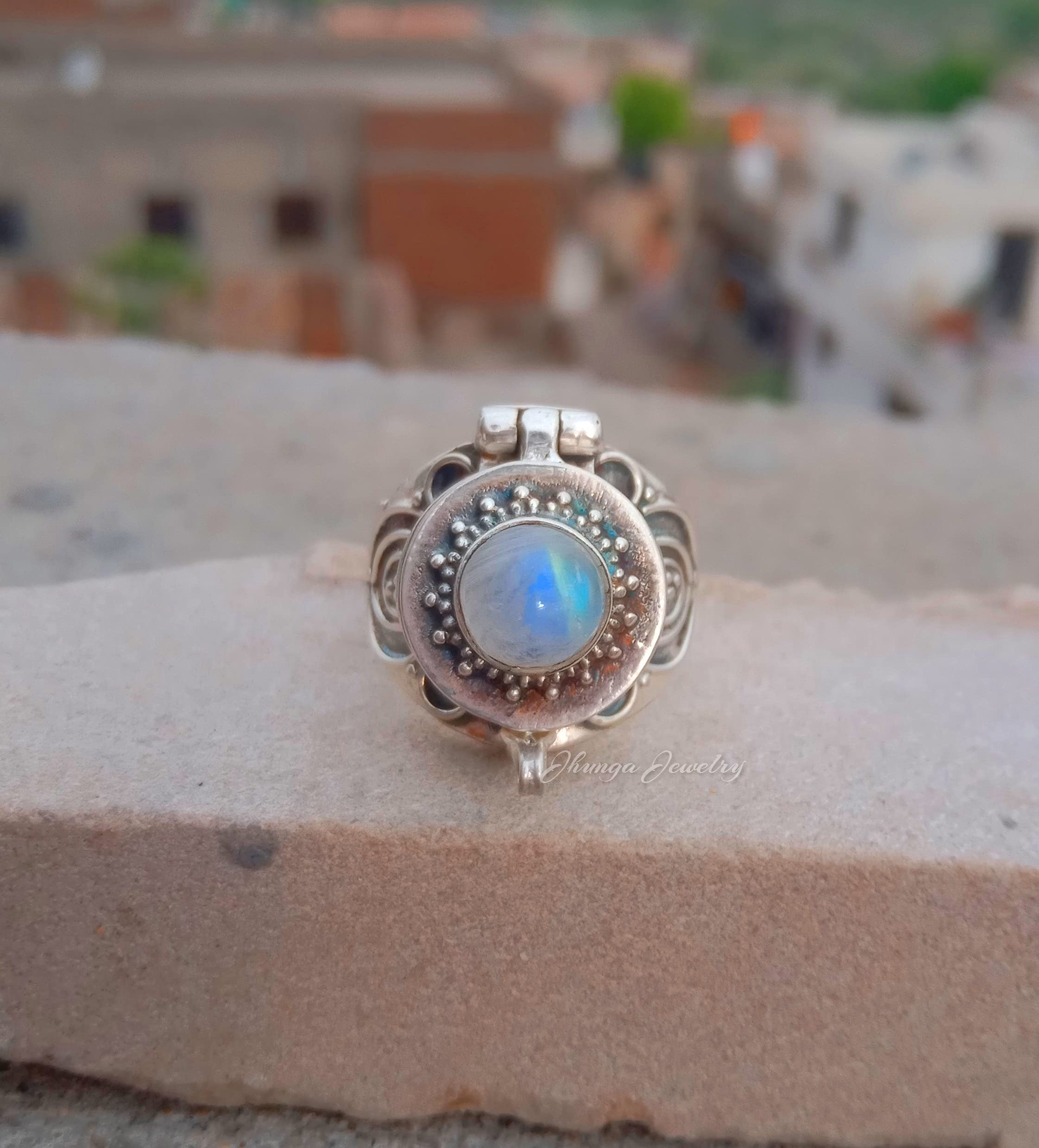 Handmade 925 Sterling Silver Rainbow Moonstone Poison Ring - Secret Box Ring with Peridot Gemstone, Openable Medicine & Pill Box Ring | Perfect for Gothic Fashion, Cosplay, and Unique Gift Giving