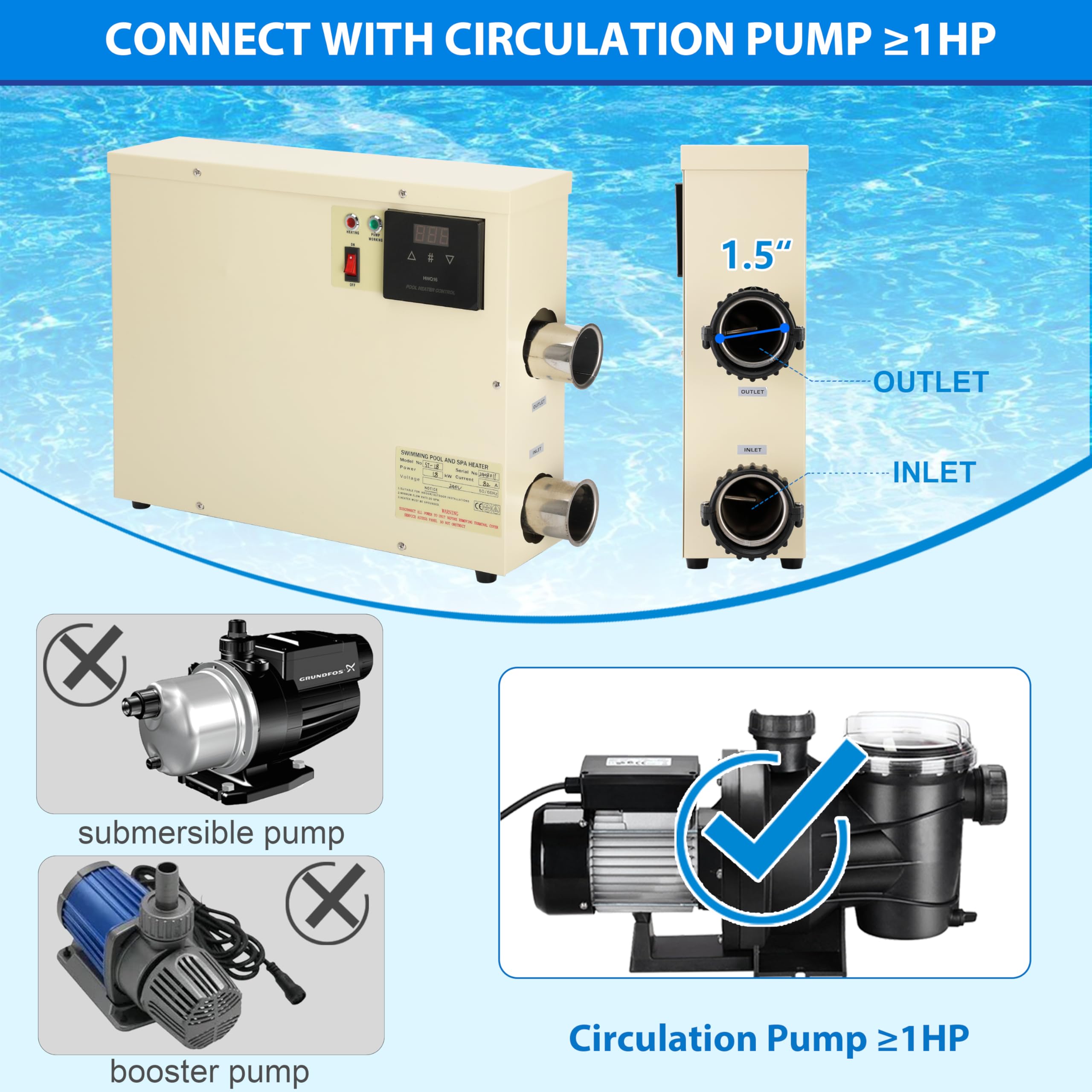 18KW 240V Electric Pool Heater for Above Ground & Inground Pools - Touchscreen Control, Spa & Hot Tub Thermostat - Perfect for Backyard Swimming Pools, Jacuzzis and Bathtubs (Energy Efficient Heating Solution)